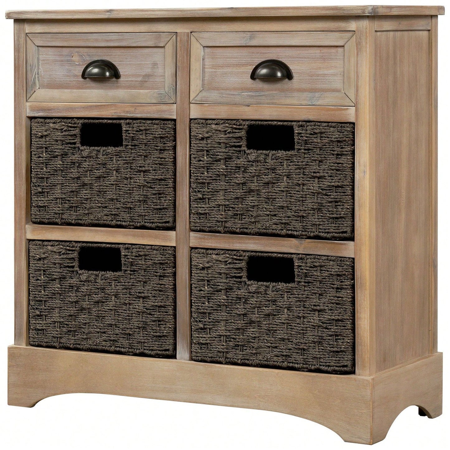 Rustic Storage Cabinet With Two Drawers And Four Classic Rattan Basket For Dining Room/Living Room