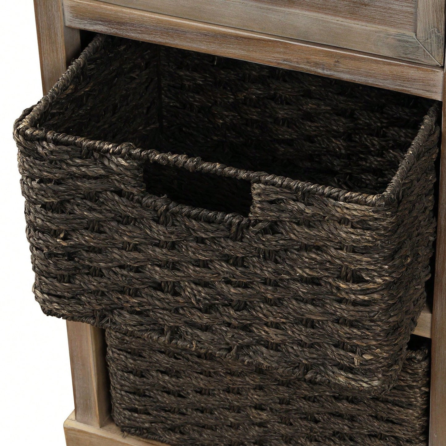 Rustic Storage Cabinet With Two Drawers And Four Classic Rattan Basket For Dining Room/Living Room