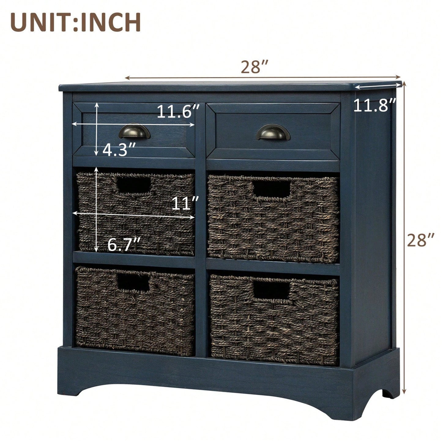 Rustic Storage Cabinet With Two Drawers And Four Classic Rattan Basket For Dining Room/Living Room