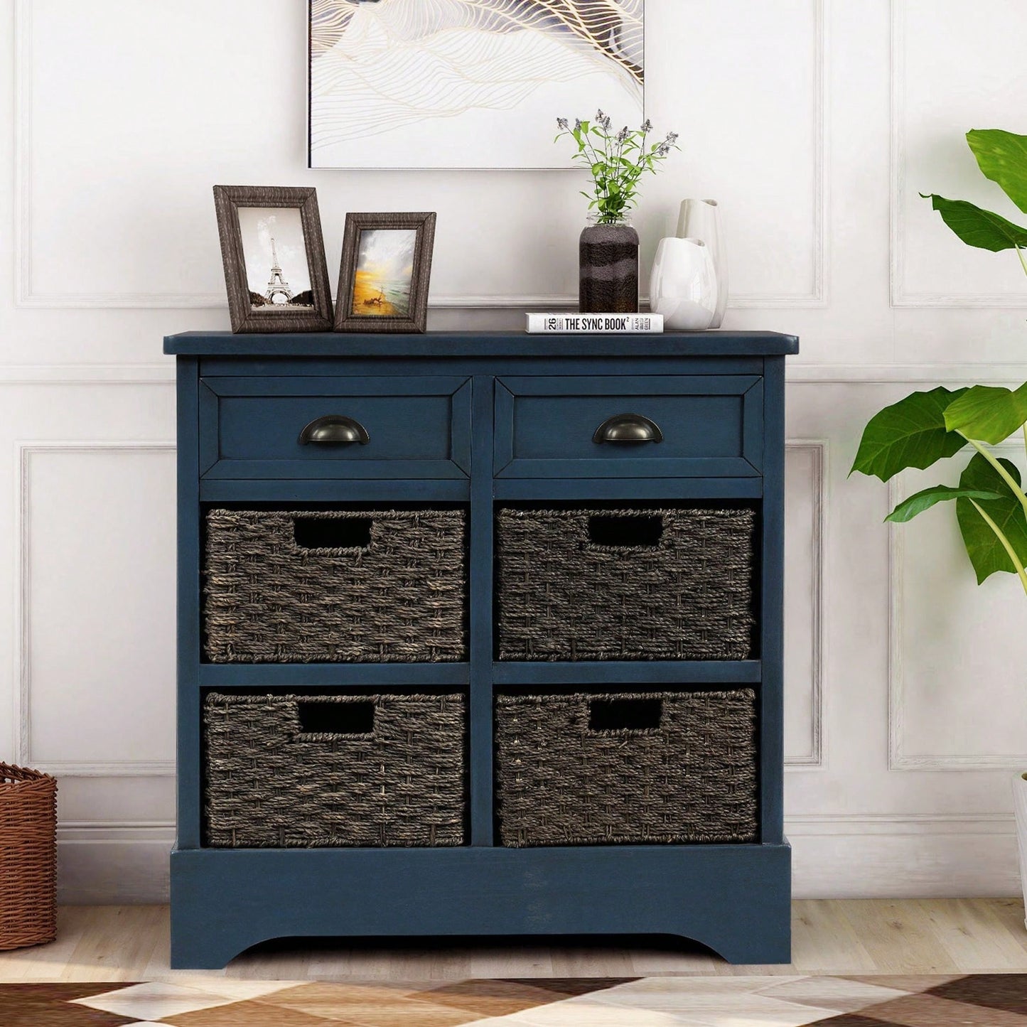 Rustic Storage Cabinet With Two Drawers And Four Classic Rattan Basket For Dining Room/Living Room