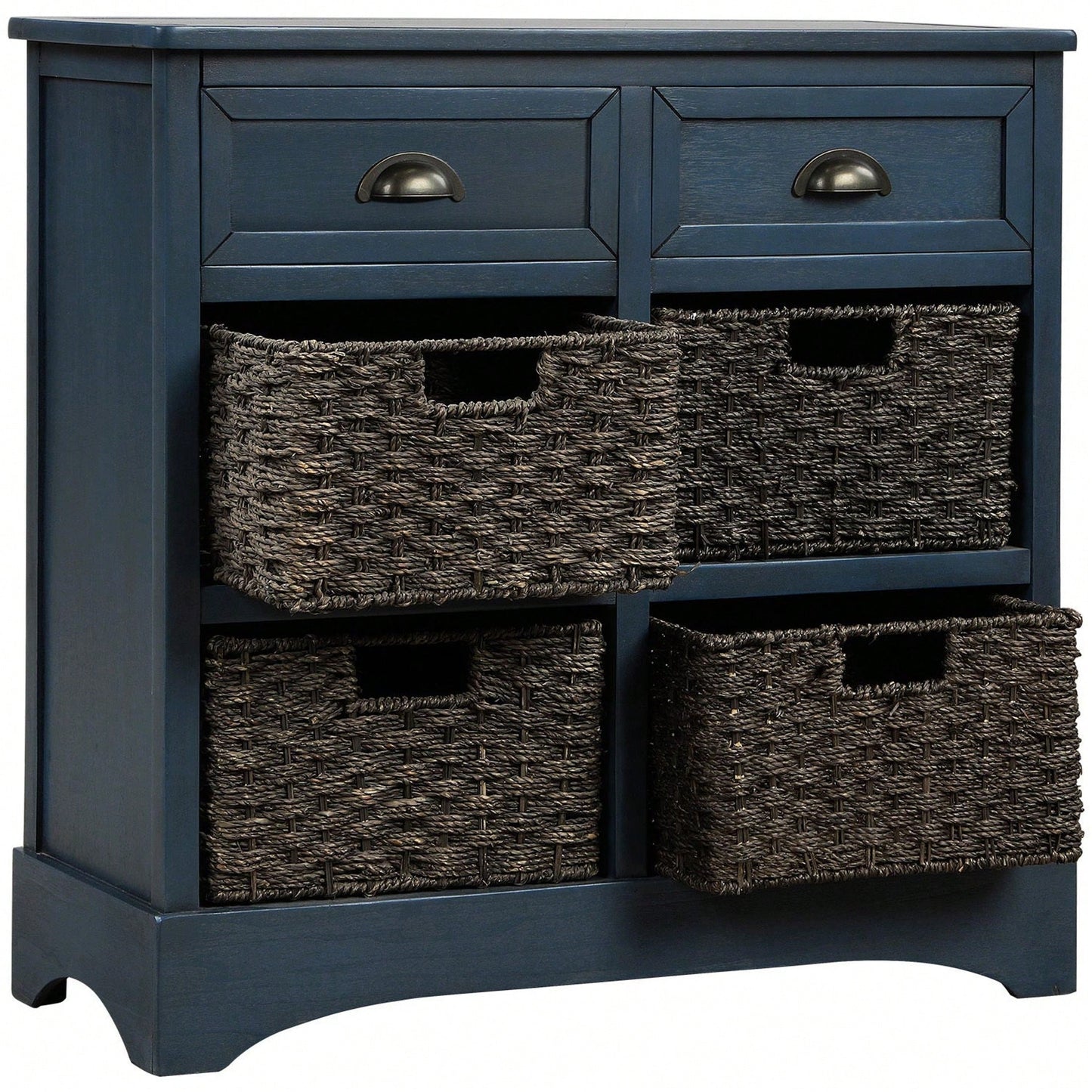 Rustic Storage Cabinet With Two Drawers And Four Classic Rattan Basket For Dining Room/Living Room