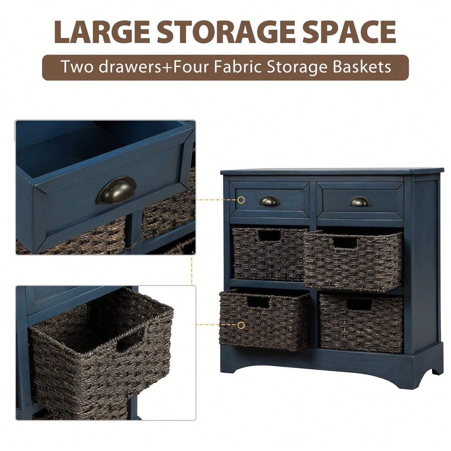 Rustic Storage Cabinet With Two Drawers And Four Classic Rattan Basket For Dining Room/Living Room