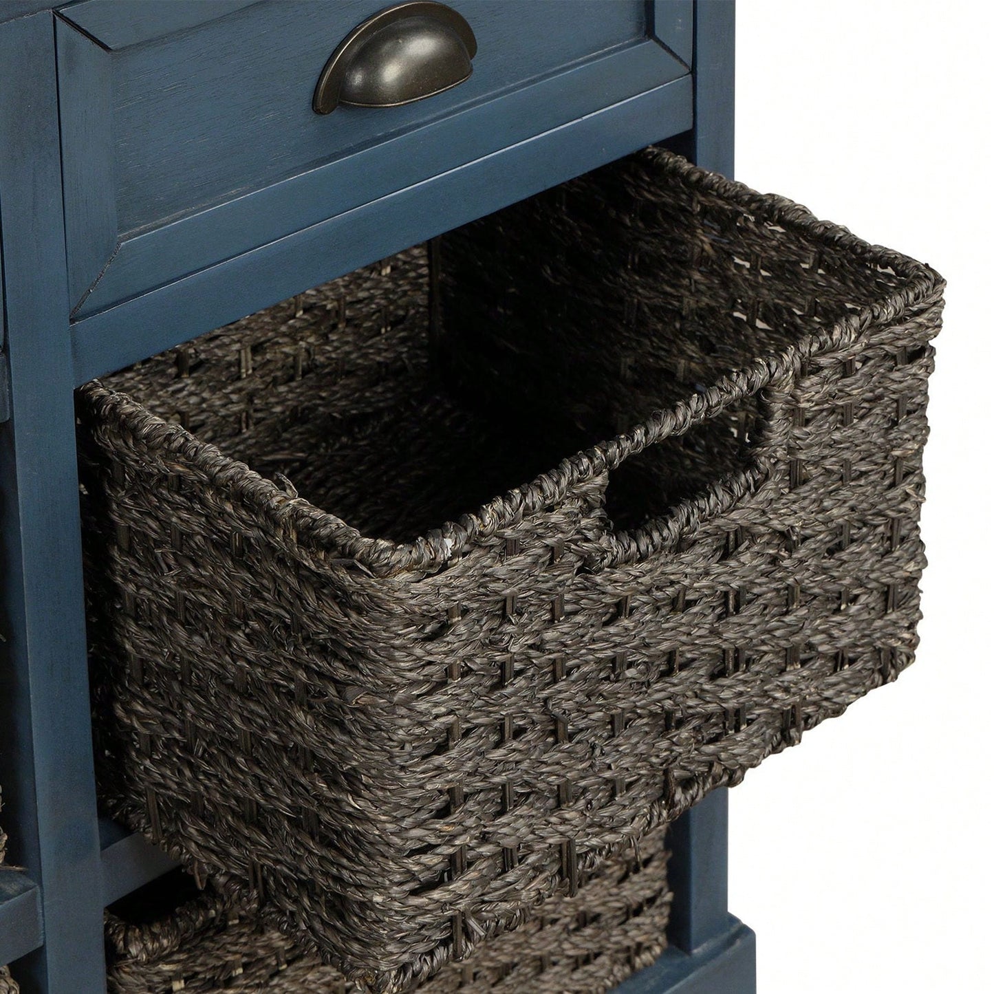 Rustic Storage Cabinet With Two Drawers And Four Classic Rattan Basket For Dining Room/Living Room