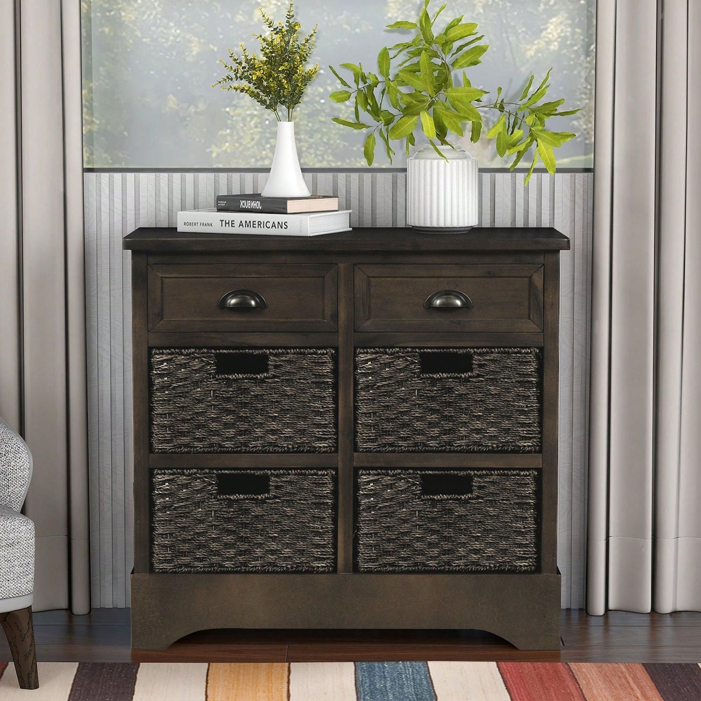 Rustic Storage Cabinet With Two Drawers And Four Classic Rattan Basket For Dining Room/Living Room