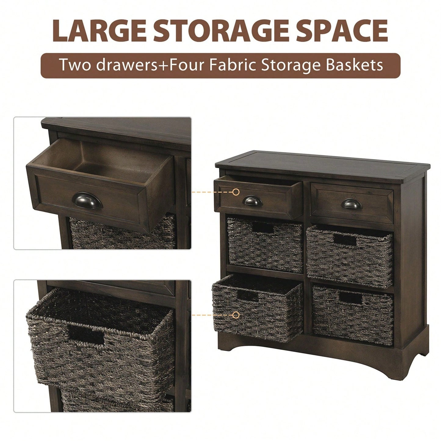 Rustic Storage Cabinet With Two Drawers And Four Classic Rattan Basket For Dining Room/Living Room