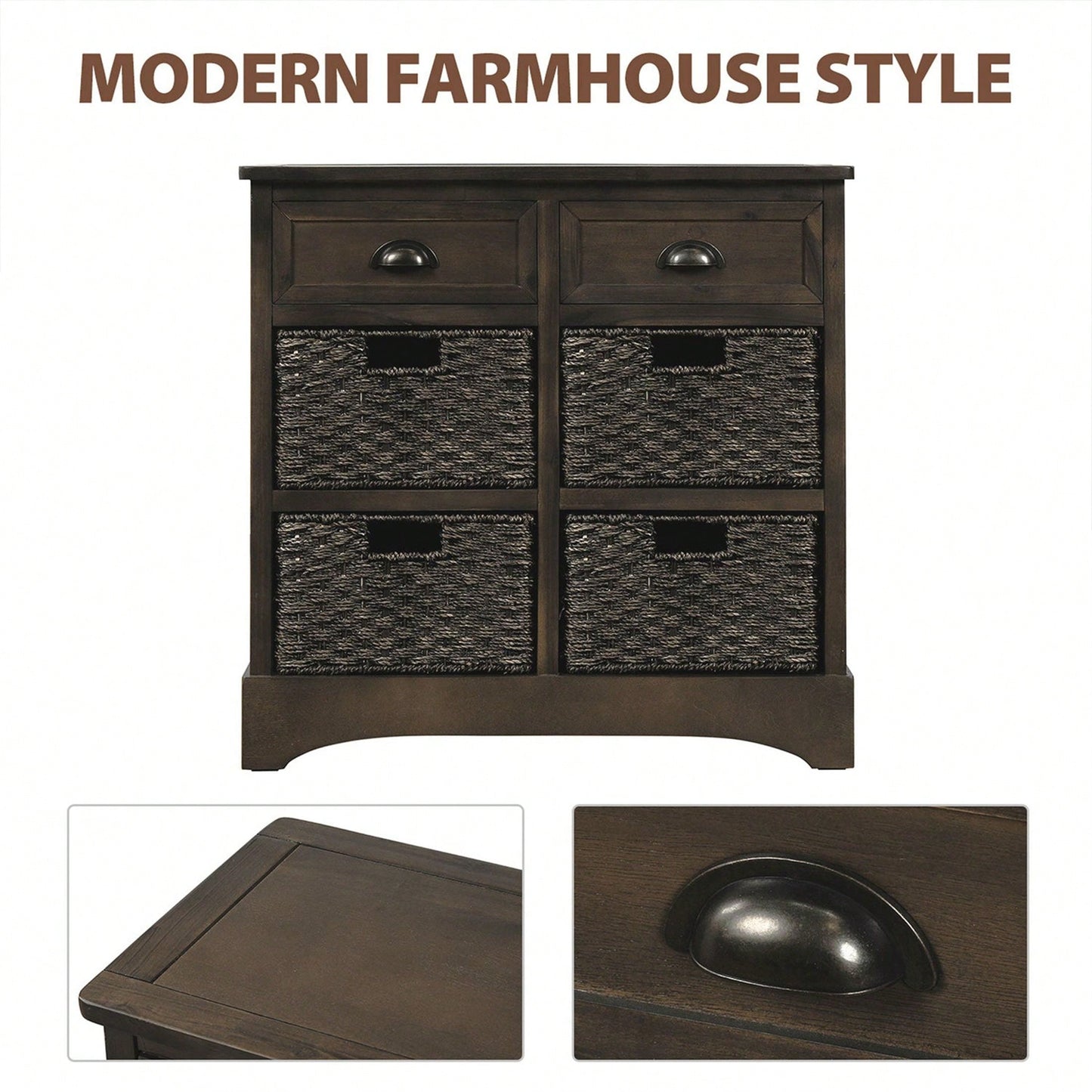 Rustic Storage Cabinet With Two Drawers And Four Classic Rattan Basket For Dining Room/Living Room