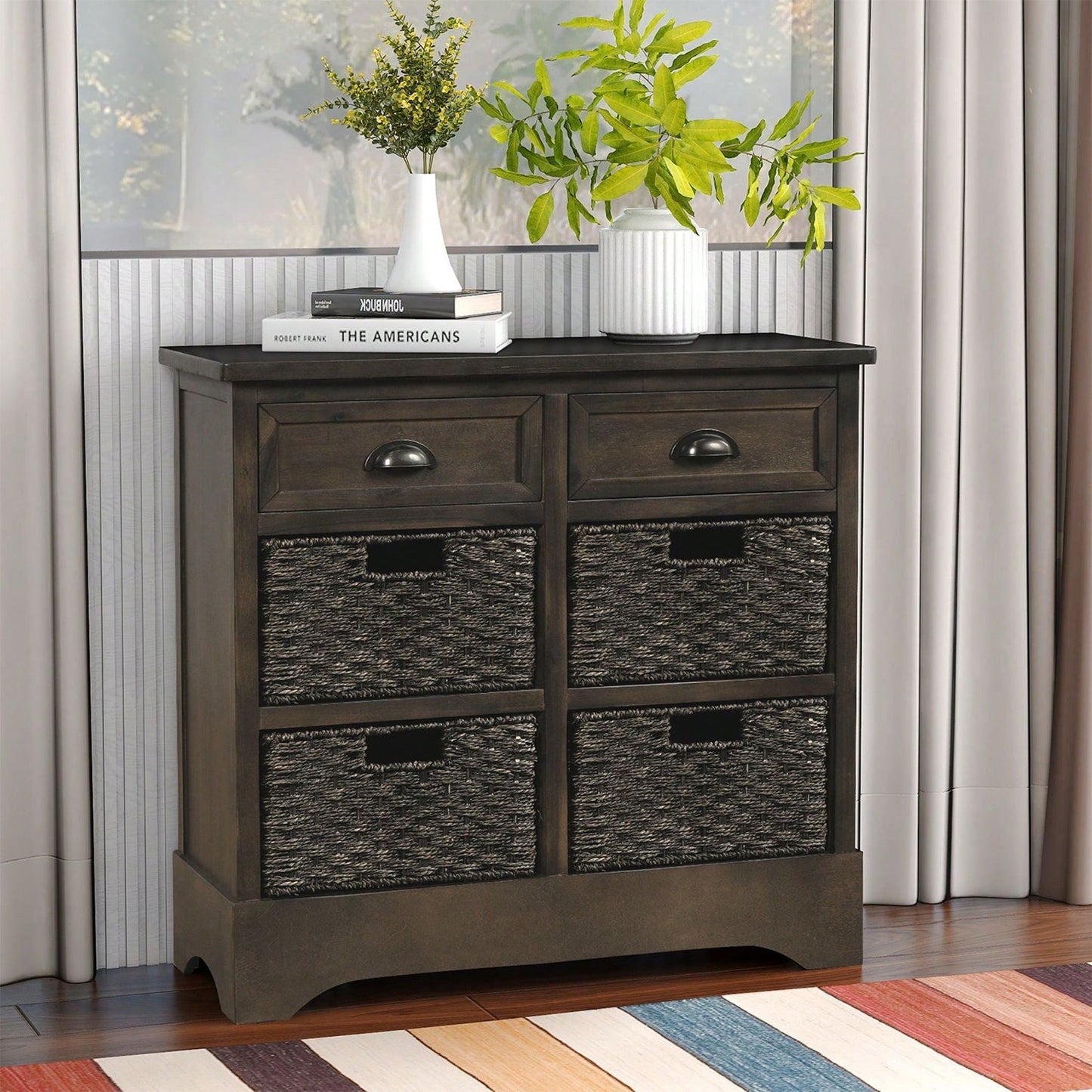 Rustic Storage Cabinet With Two Drawers And Four Classic Rattan Basket For Dining Room/Living Room