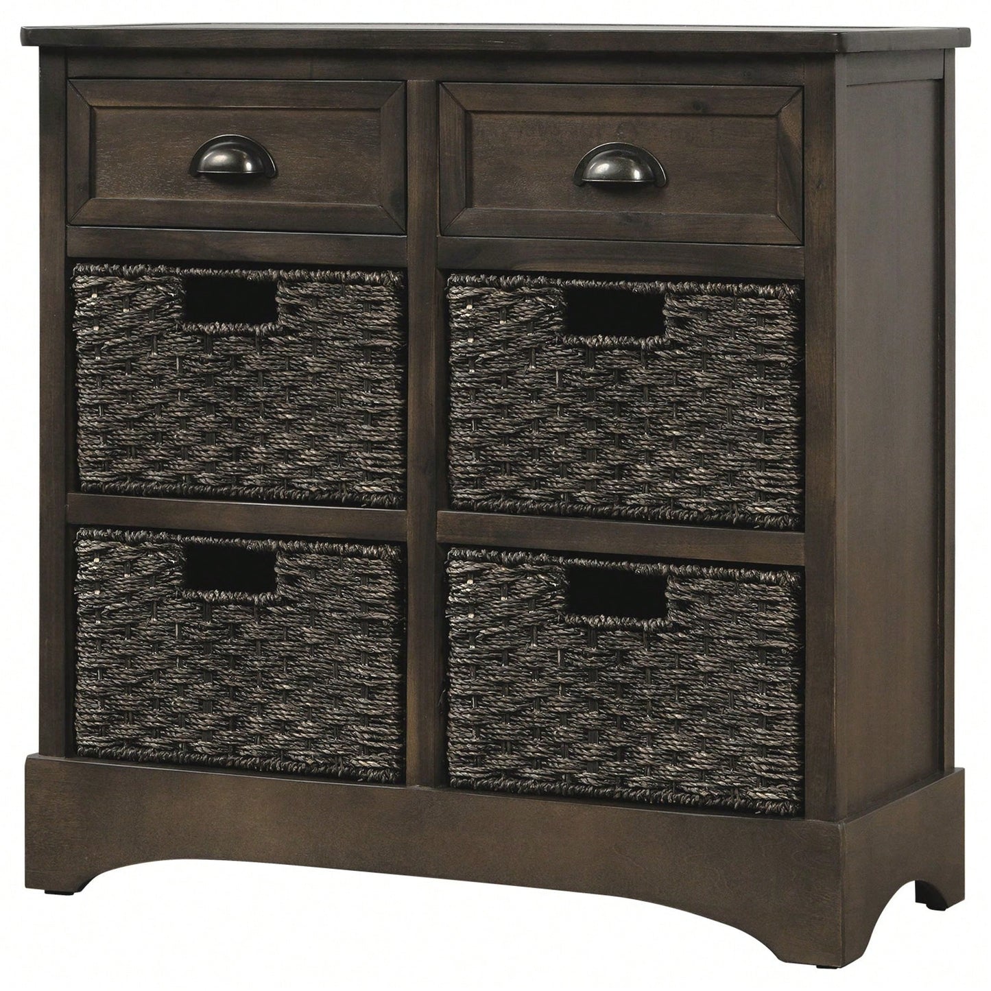 Rustic Storage Cabinet With Two Drawers And Four Classic Rattan Basket For Dining Room/Living Room