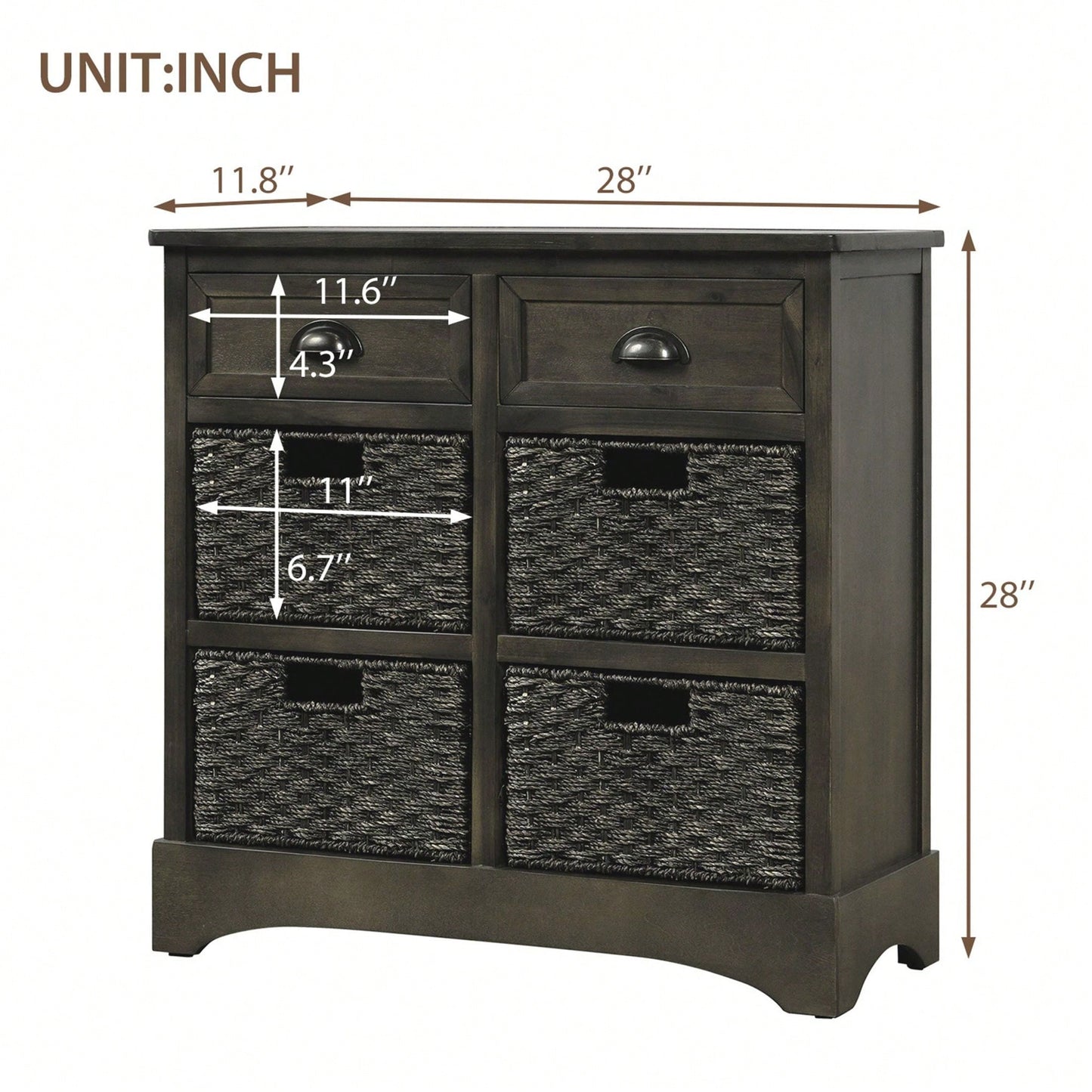 Rustic Storage Cabinet With Two Drawers And Four Classic Rattan Basket For Dining Room/Living Room