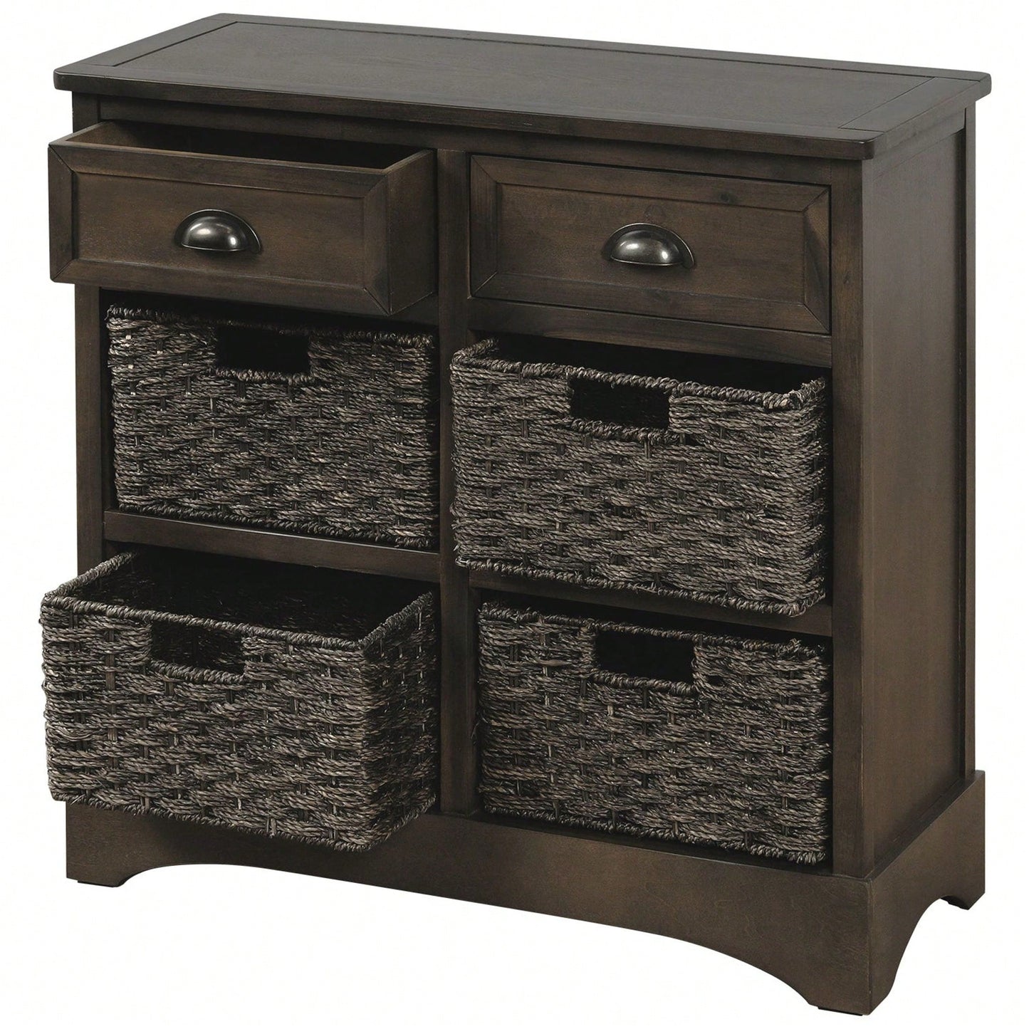 Rustic Storage Cabinet With Two Drawers And Four Classic Rattan Basket For Dining Room/Living Room