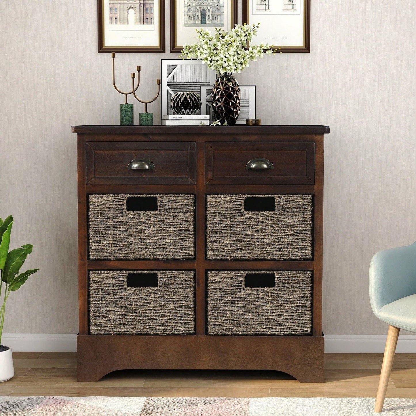 Rustic Storage Cabinet With Two Drawers And Four Classic Rattan Basket For Dining Room/Living Room