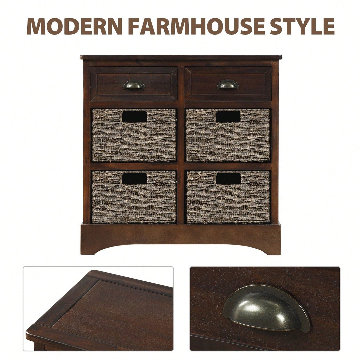 Rustic Storage Cabinet With Two Drawers And Four Classic Rattan Basket For Dining Room/Living Room