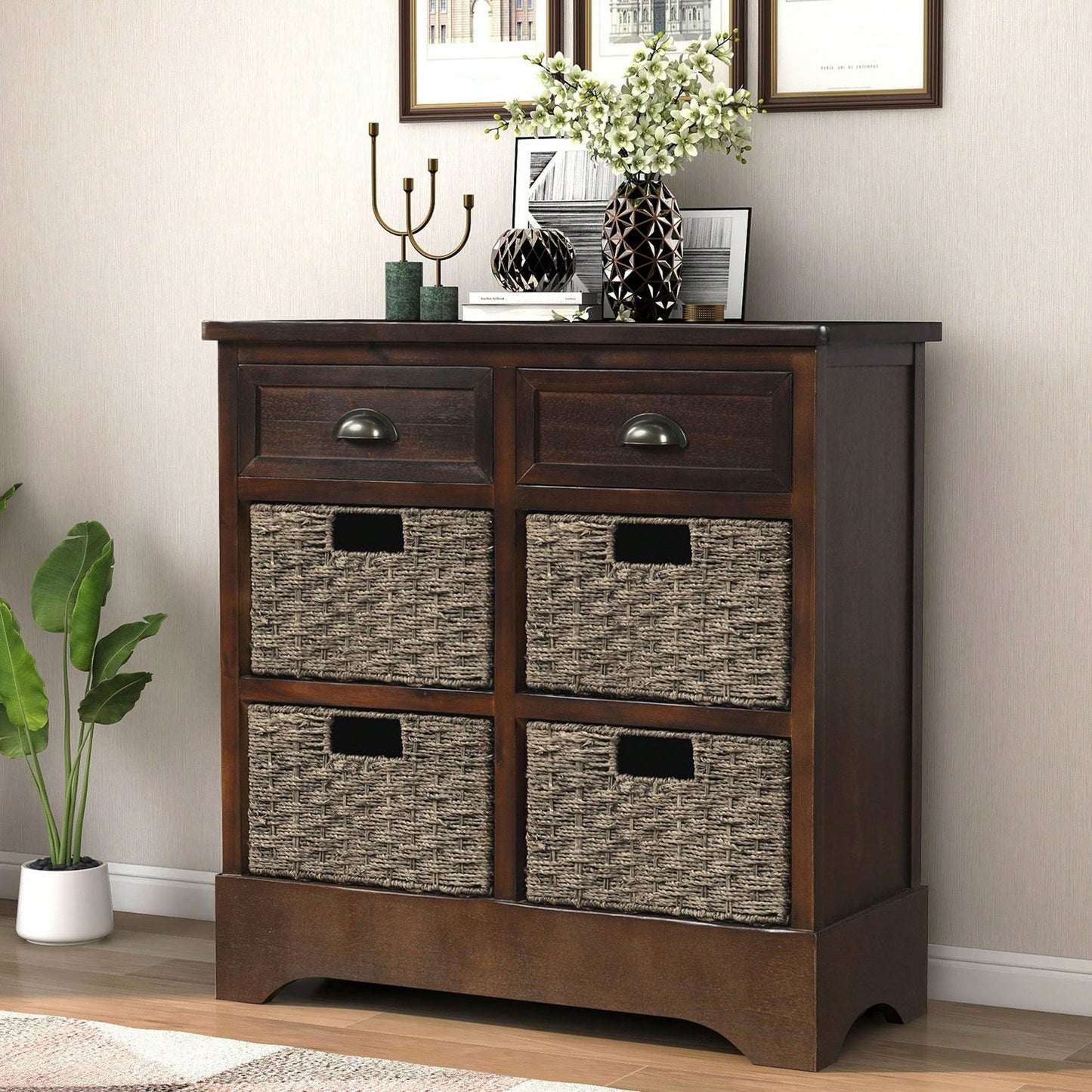 Rustic Storage Cabinet With Two Drawers And Four Classic Rattan Basket For Dining Room/Living Room