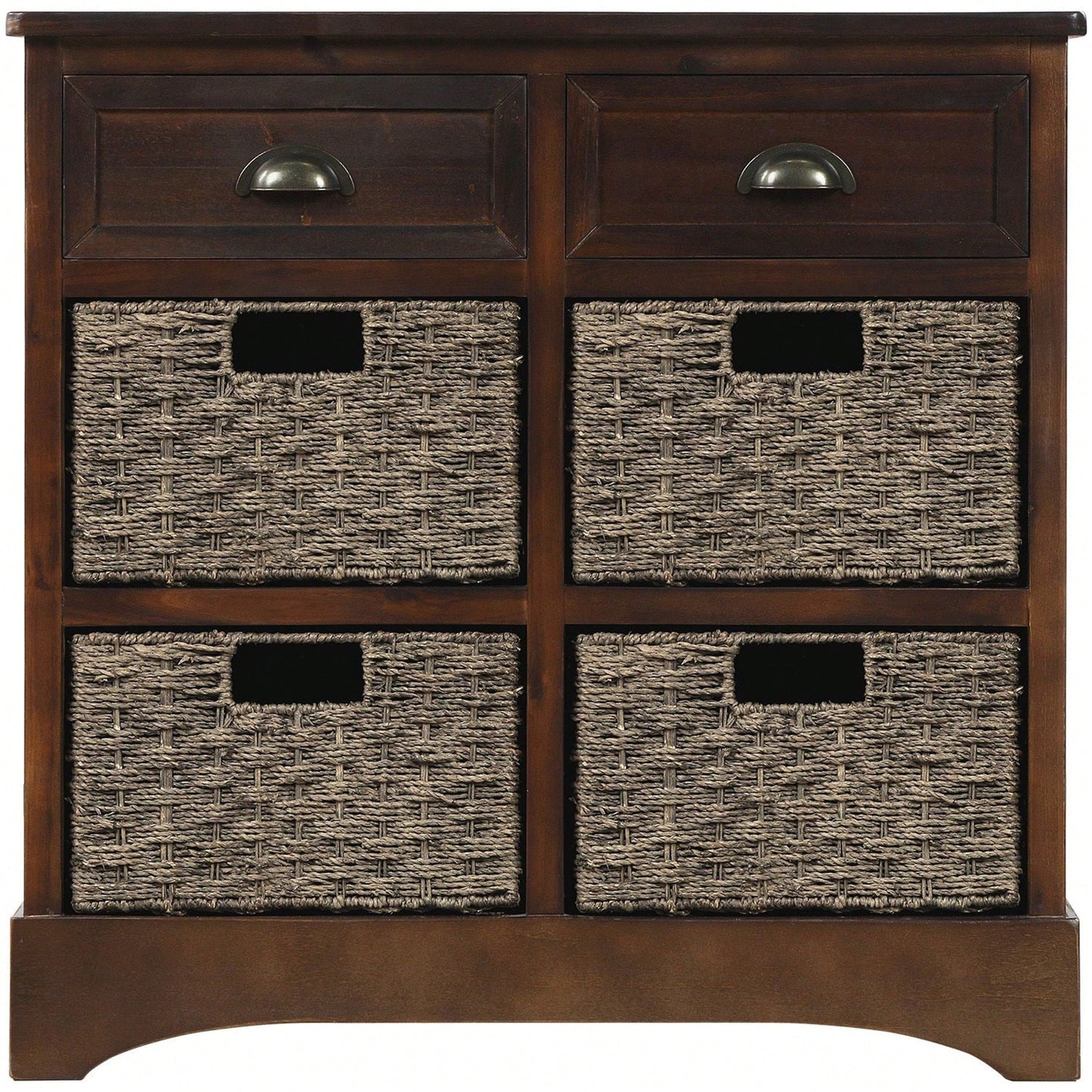 Rustic Storage Cabinet With Two Drawers And Four Classic Rattan Basket For Dining Room/Living Room