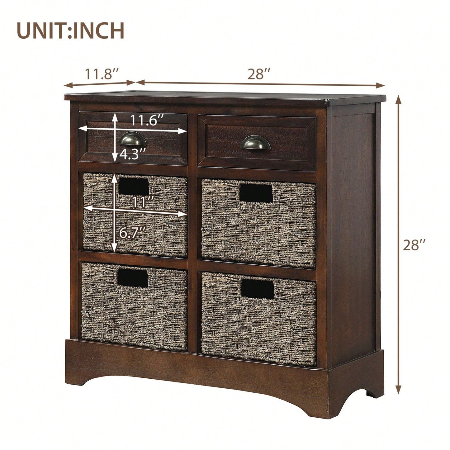 Rustic Storage Cabinet With Two Drawers And Four Classic Rattan Basket For Dining Room/Living Room