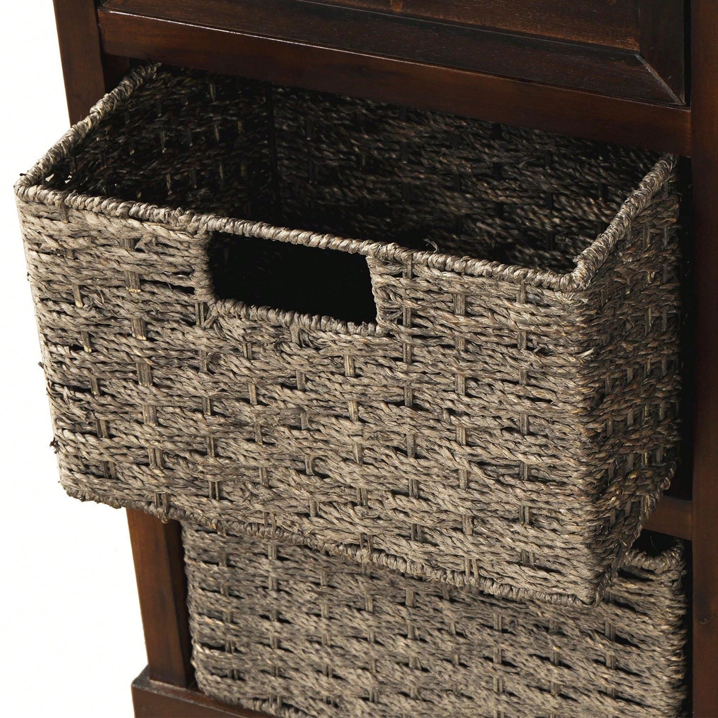 Rustic Storage Cabinet With Two Drawers And Four Classic Rattan Basket For Dining Room/Living Room