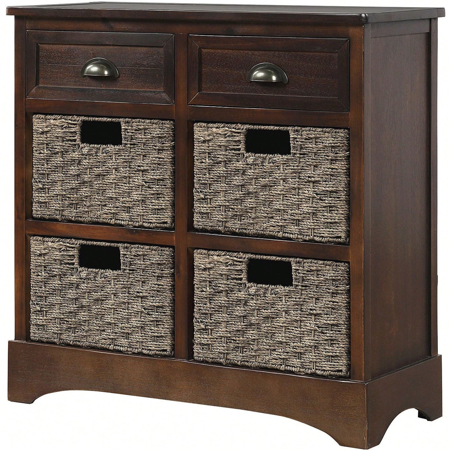 Rustic Storage Cabinet With Two Drawers And Four Classic Rattan Basket For Dining Room/Living Room