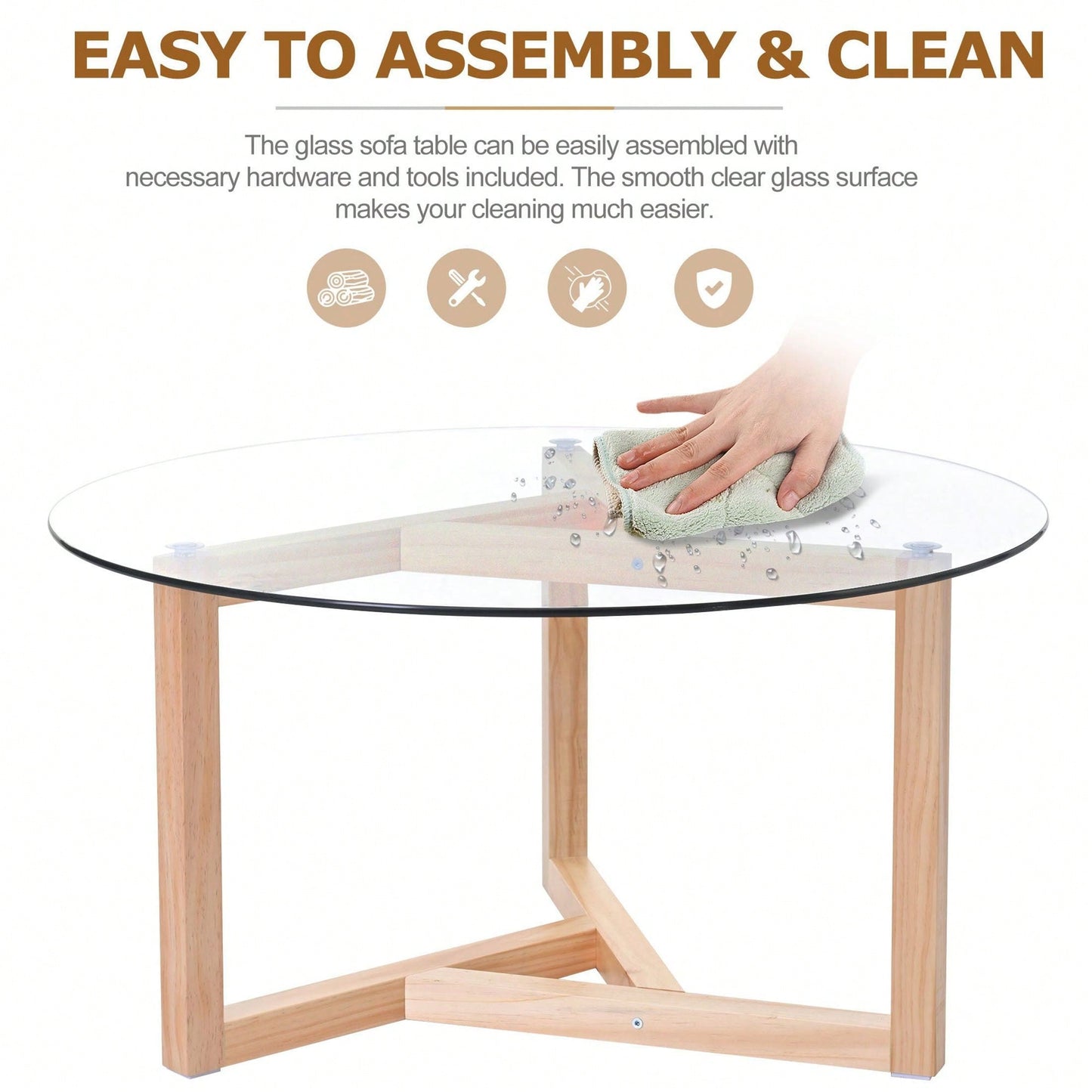 Round Glass Coffee Table Modern Cocktail Table Easy Assembly With Tempered Glass Top & Sturdy Wood Base