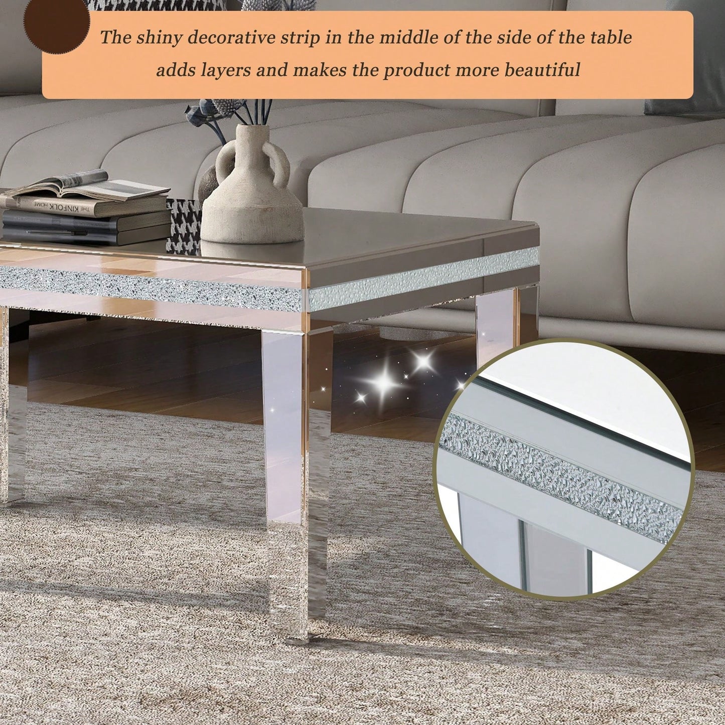 Modern Glass Mirrored Coffee Table, Easy Assembly Cocktail Table With Crystal Design And Adjustable Height Legs