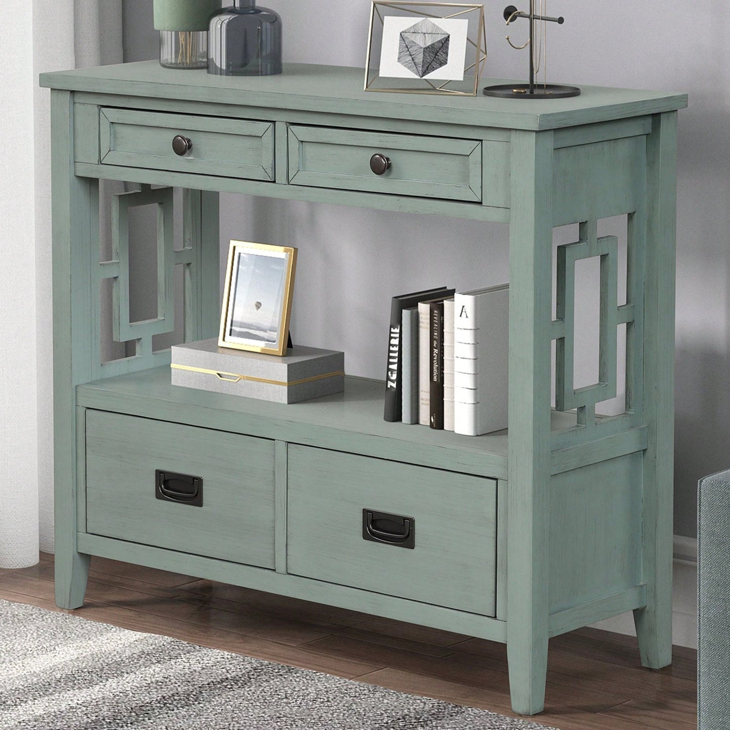 36'' Farmhouse Pine Wood Console Table Entry Sofa Table With 4 Drawers & 1 Storage Shelf For Entryway Living Room Bedroom Hallway Kitchen