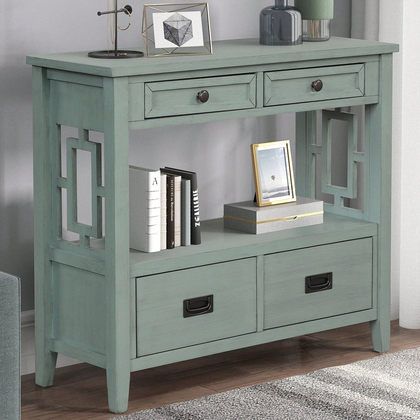 36'' Farmhouse Pine Wood Console Table Entry Sofa Table With 4 Drawers & 1 Storage Shelf For Entryway Living Room Bedroom Hallway Kitchen