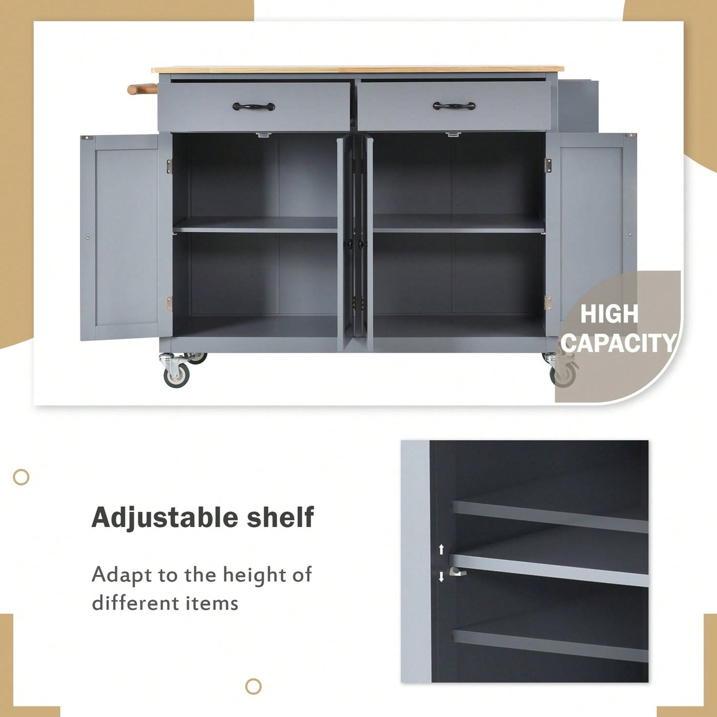 Kitchen Island Cart With Solid Wood Top And Locking Wheels, 54.3 Inch Width, 4 Door Cabinet And Two Drawers, Spice Rack, Towel Rack