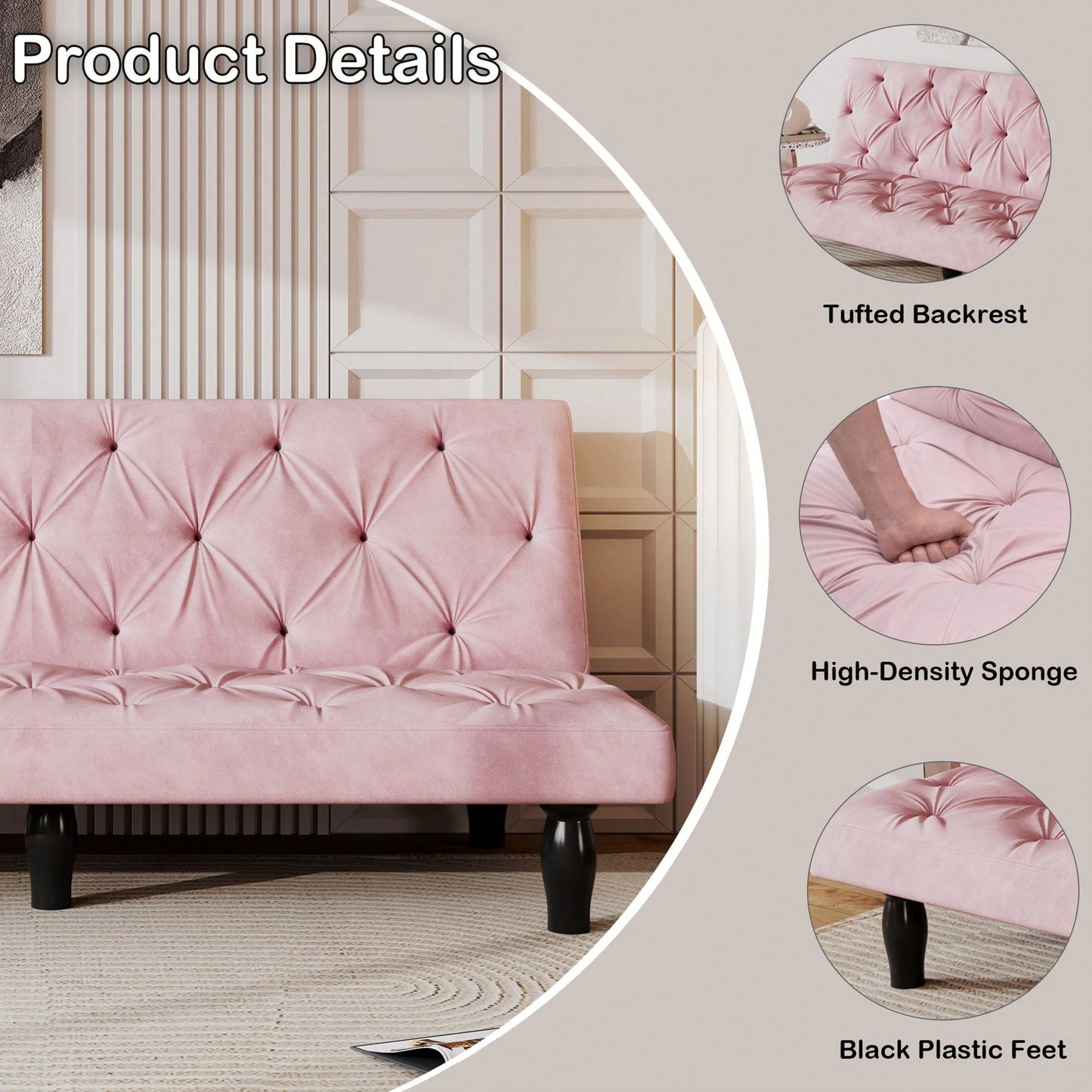 66" Velvet Sofa Bed Suitable For Family Living Room, Apartment, Bedroom
