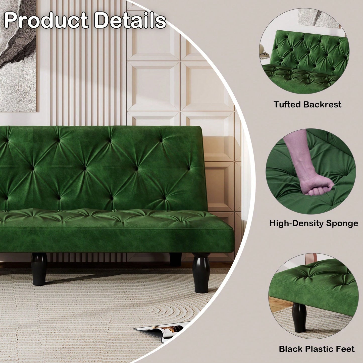 66" Velvet Sofa Bed Suitable For Family Living Room, Apartment, Bedroom