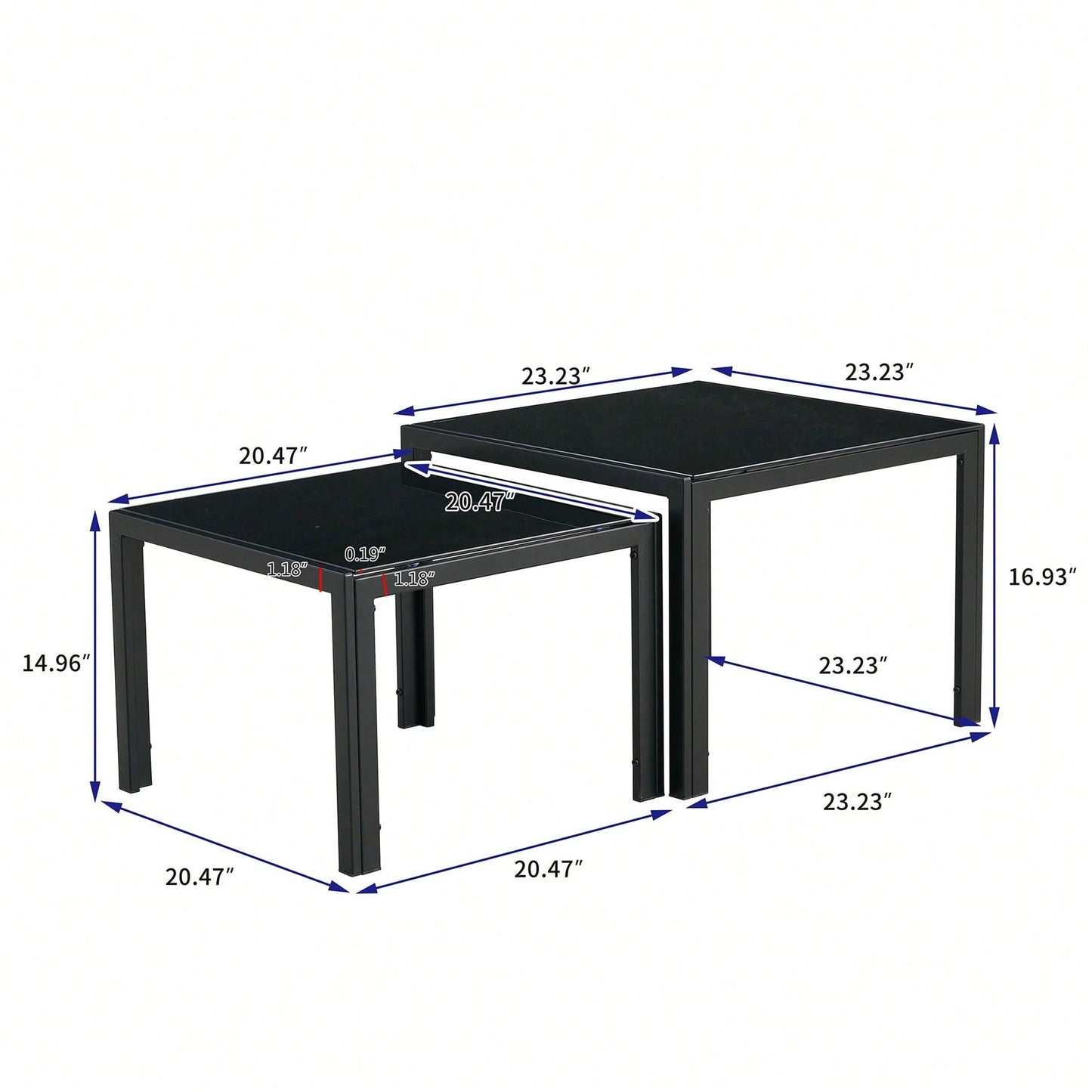 Nesting Coffee Table Set Of 2, Square Modern Stacking Table With Tempered Glass Finish For Living Room