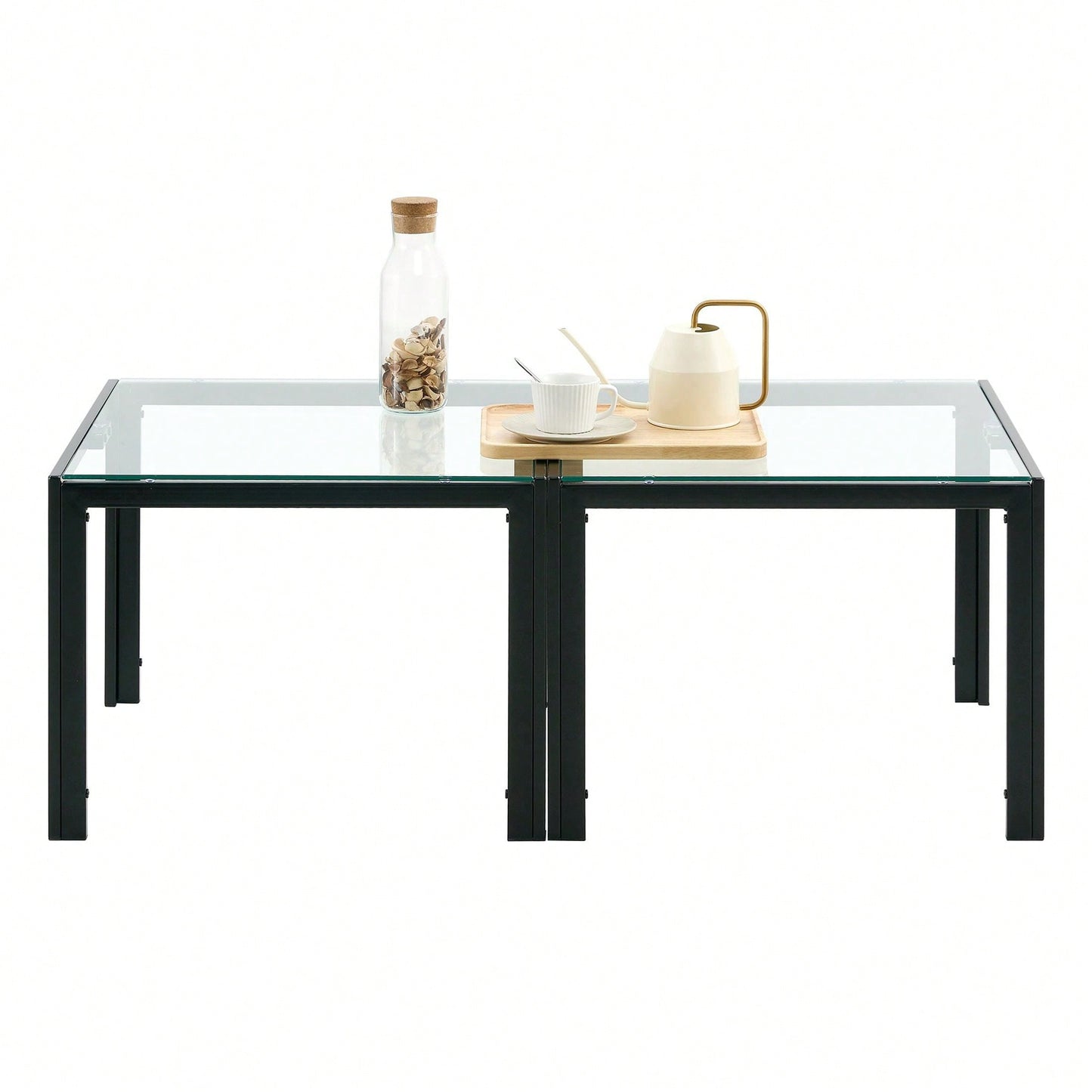 Coffee Table Set Of 2, Square Modern Table With Tempered Glass Finish For Living Room