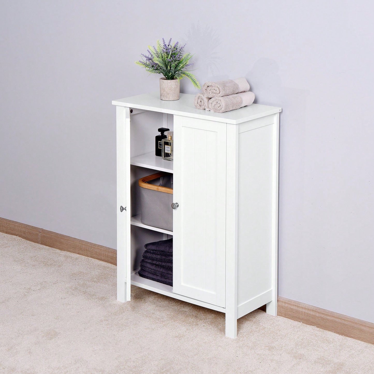 Bathroom Floor Storage Cabinet With Double Door Adjustable Shelf