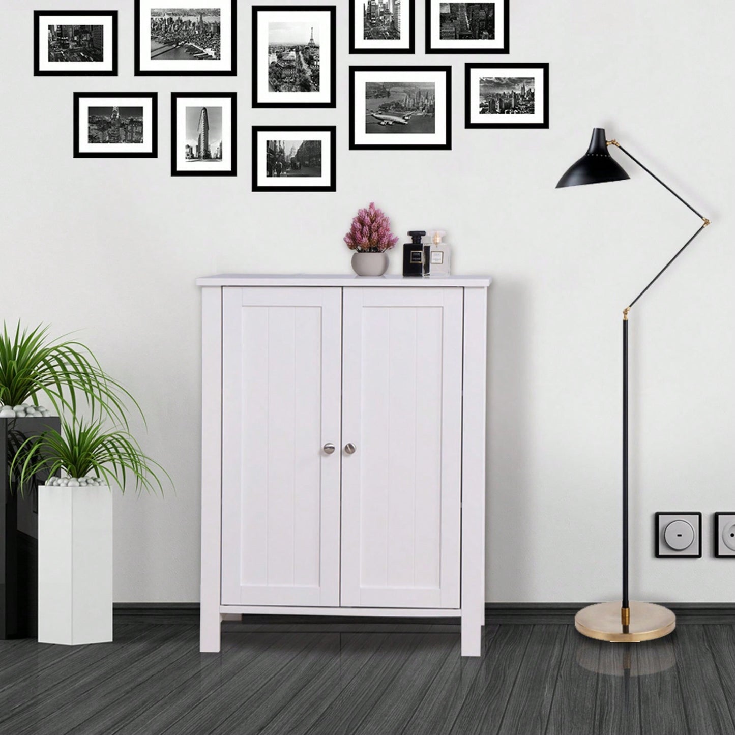 Bathroom Floor Storage Cabinet With Double Door Adjustable Shelf