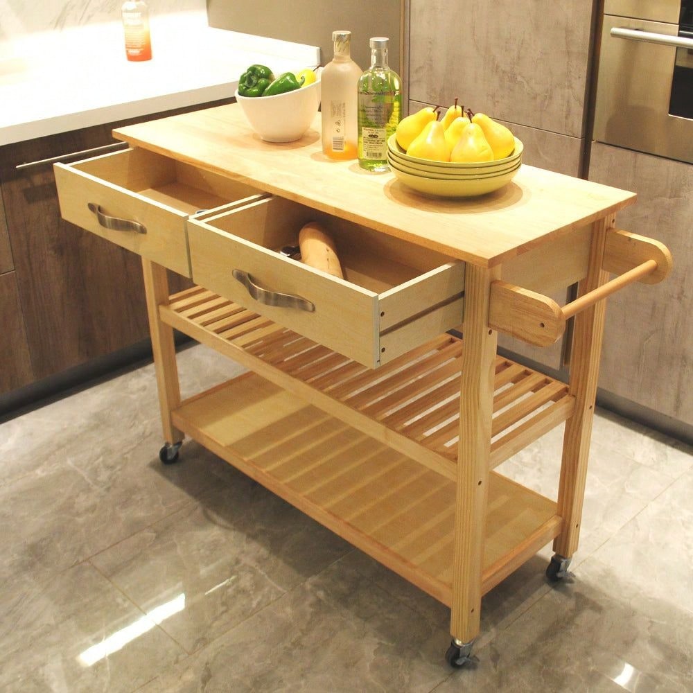 Mobile Kitchen Island With Two Lockable Wheels, Rubber Wood Top, Simple Design & Natural Color Give More Imagination Of Party Scene