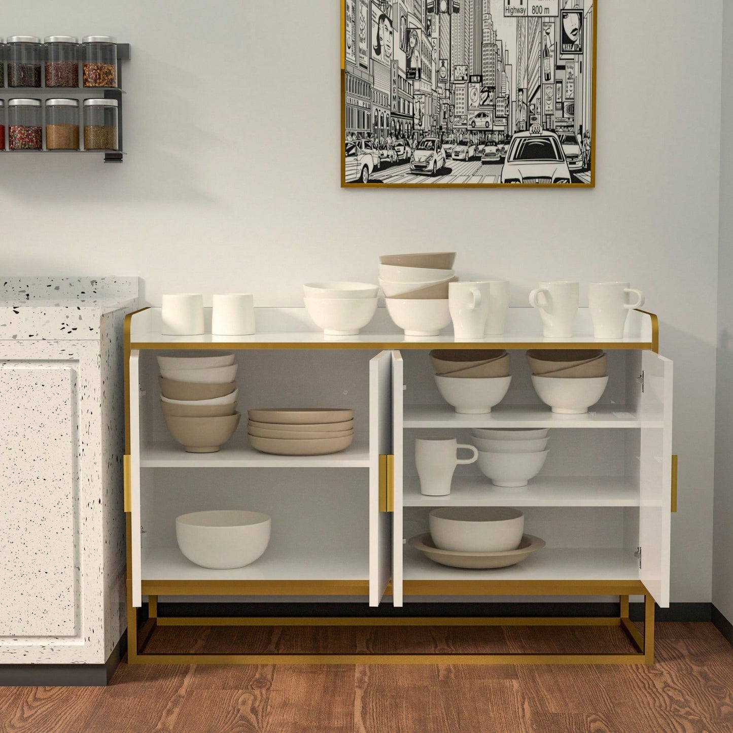 Modern Kitchen Buffet Storage Cabinet Cupboard Gloss With Metal Legs For Living Room Kitchen