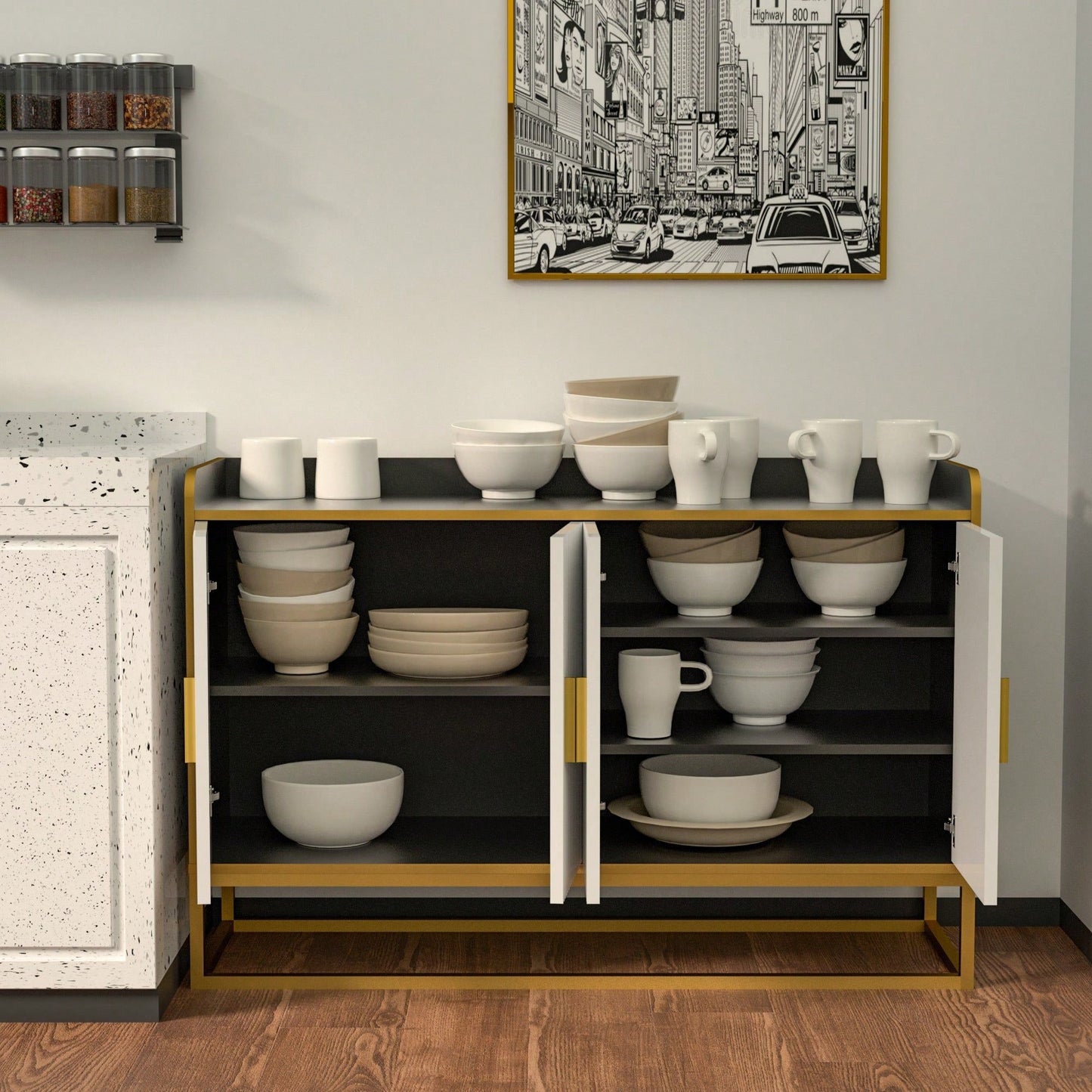 Modern Kitchen Buffet Storage Cabinet Cupboard Gloss With Metal Legs For Living Room Kitchen