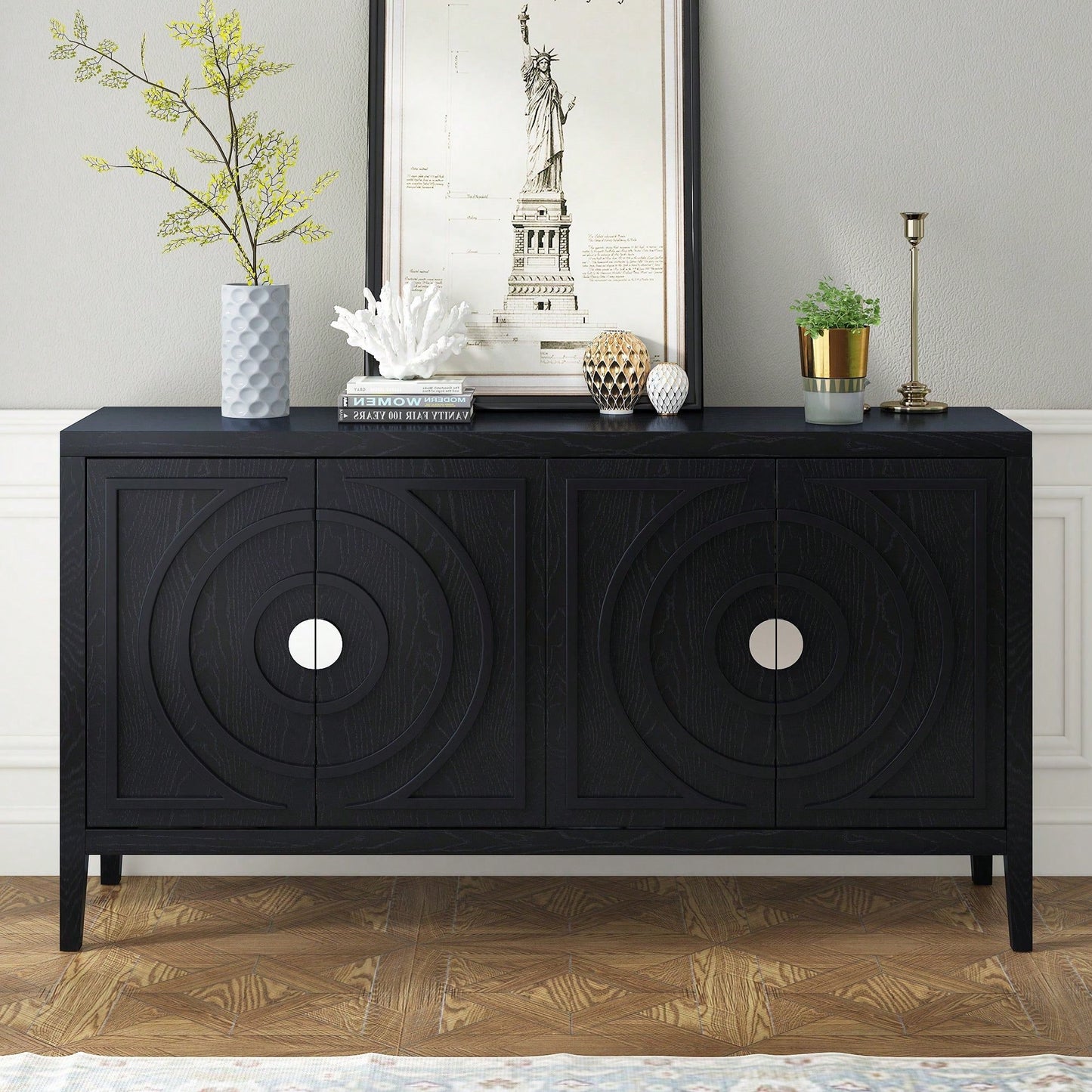 Retro Sideboard With Circular Groove Design, Round Metal Door Handle For Entrance, Dinning Room, Living Room