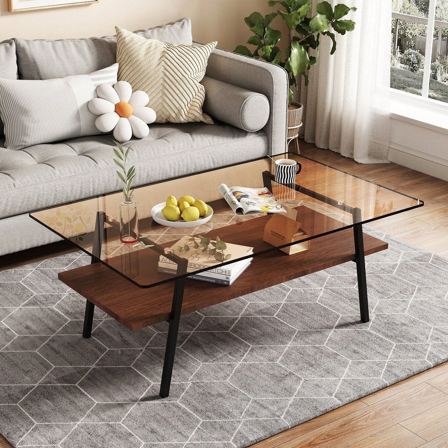 Rectangle Coffee Table, Tempered Glass Tabletop With  Metal Legs, Modern Table For Living Room