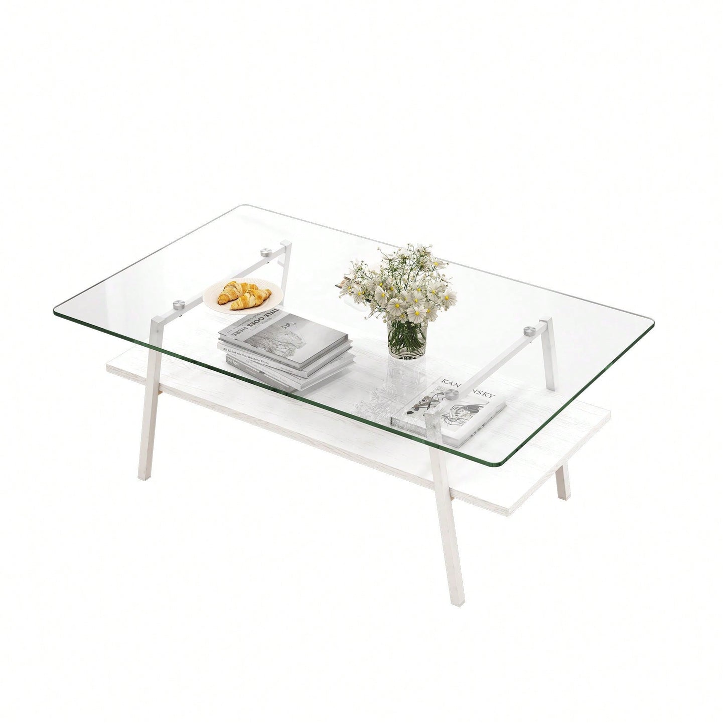 Rectangle Coffee Table, Tempered Glass Tabletop With  Metal Legs, Modern Table For Living Room
