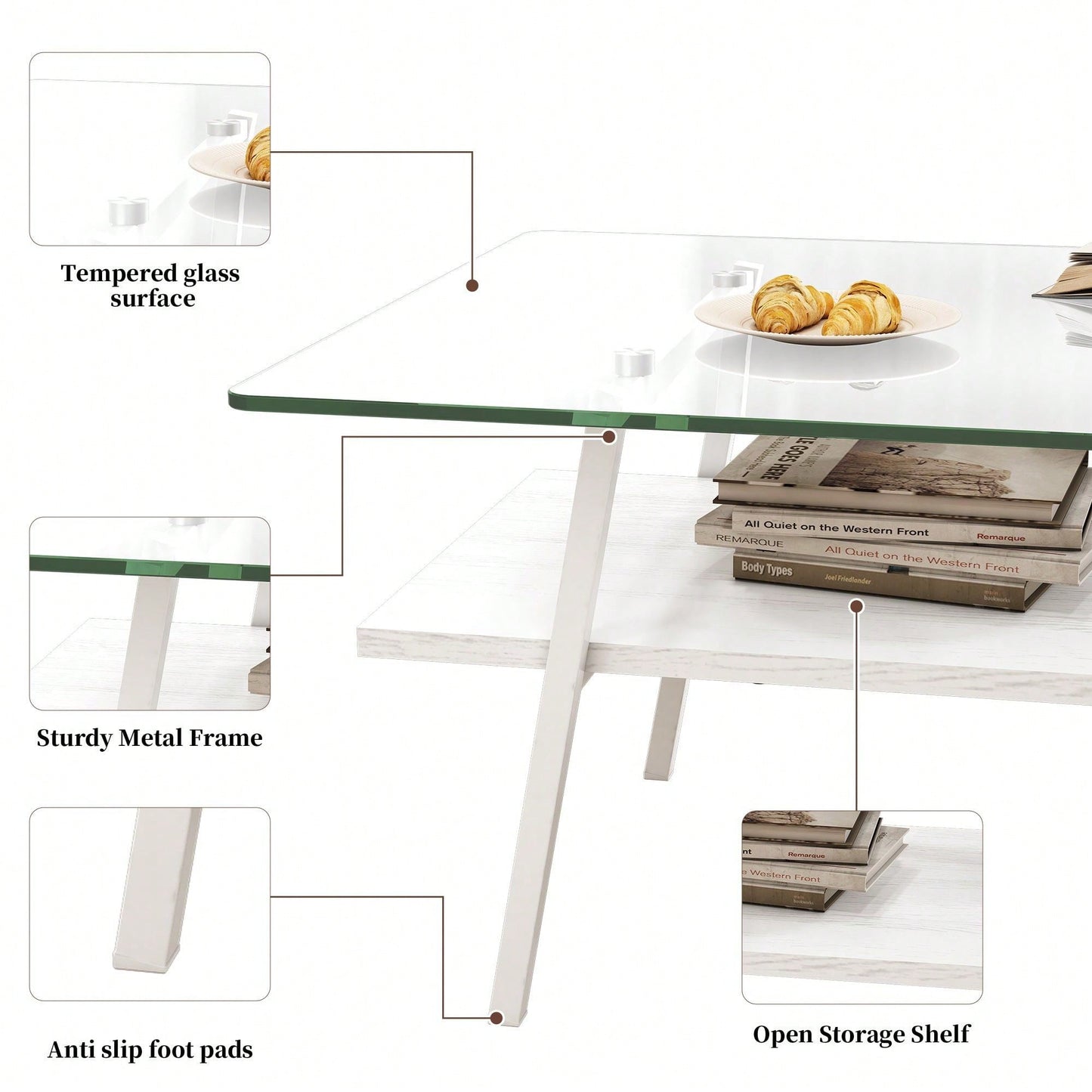 Rectangle Coffee Table, Tempered Glass Tabletop With  Metal Legs, Modern Table For Living Room