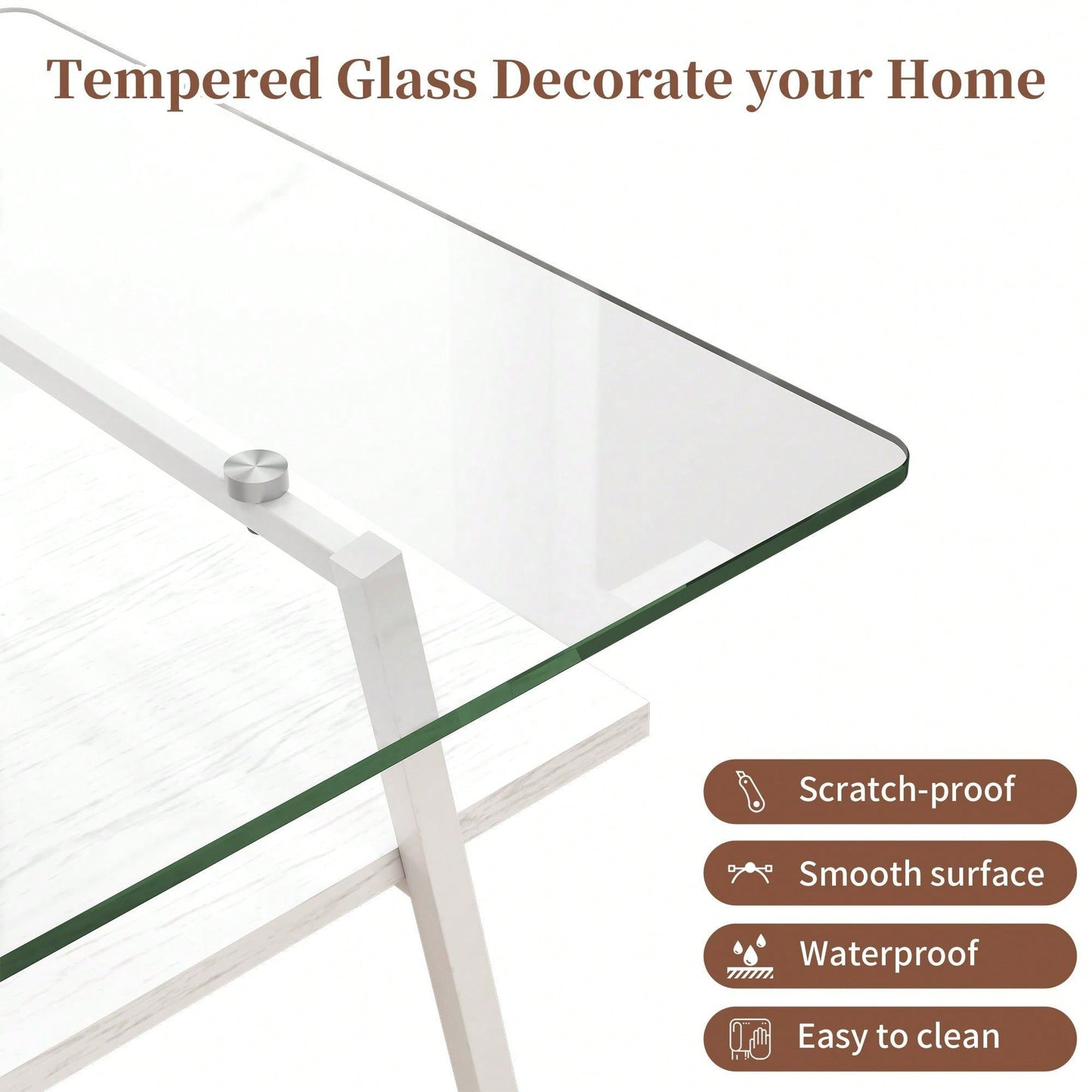 Rectangle Coffee Table, Tempered Glass Tabletop With  Metal Legs, Modern Table For Living Room