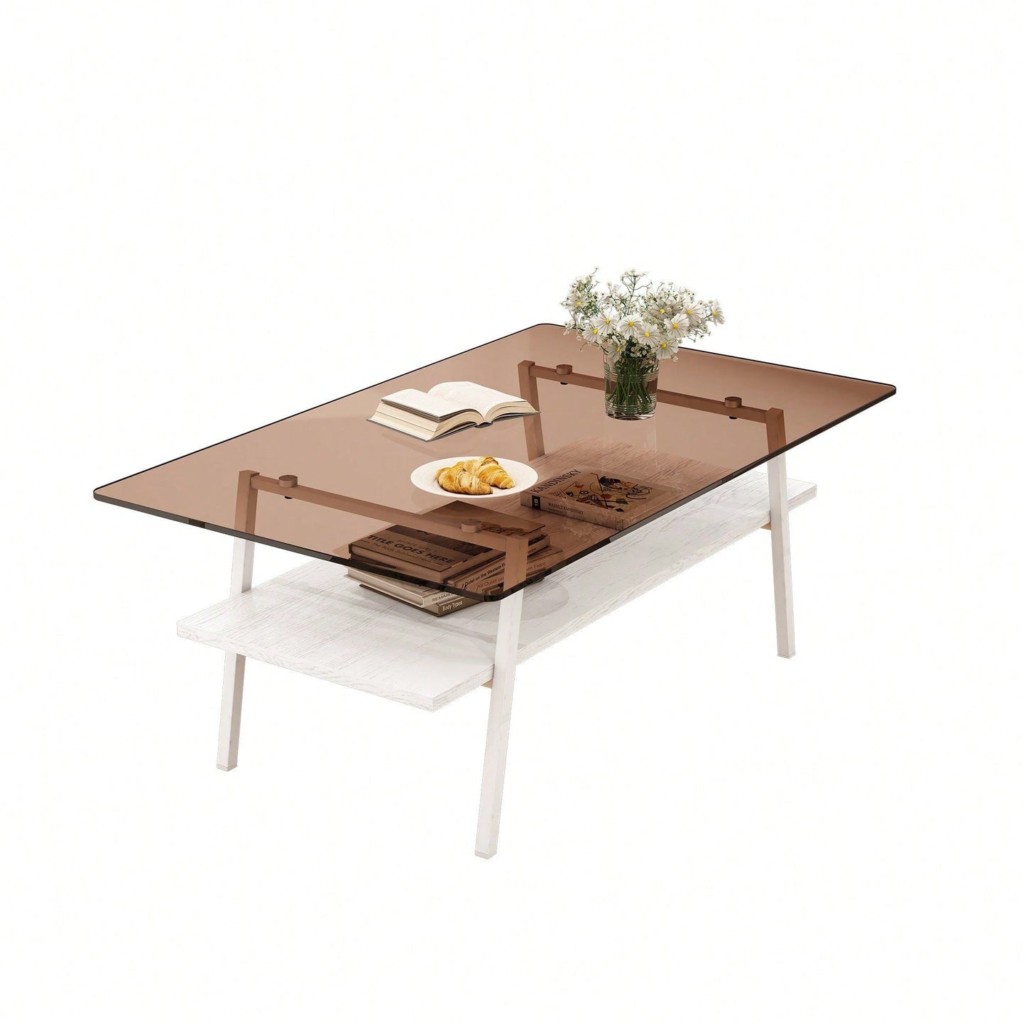 Rectangle Coffee Table, Tempered Glass Tabletop With  Metal Legs, Modern Table For Living Room