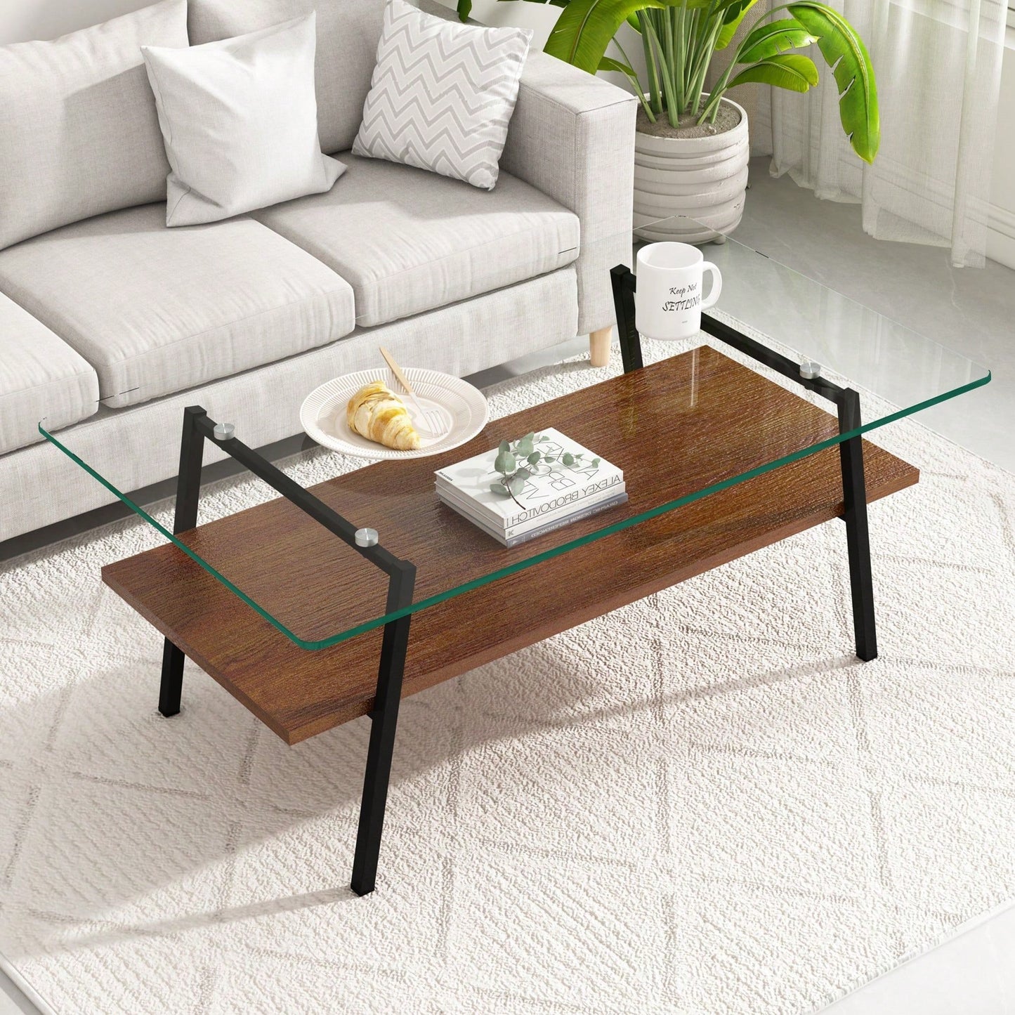 Rectangle Coffee Table, Tempered Glass Tabletop With  Metal Legs, Modern Table For Living Room