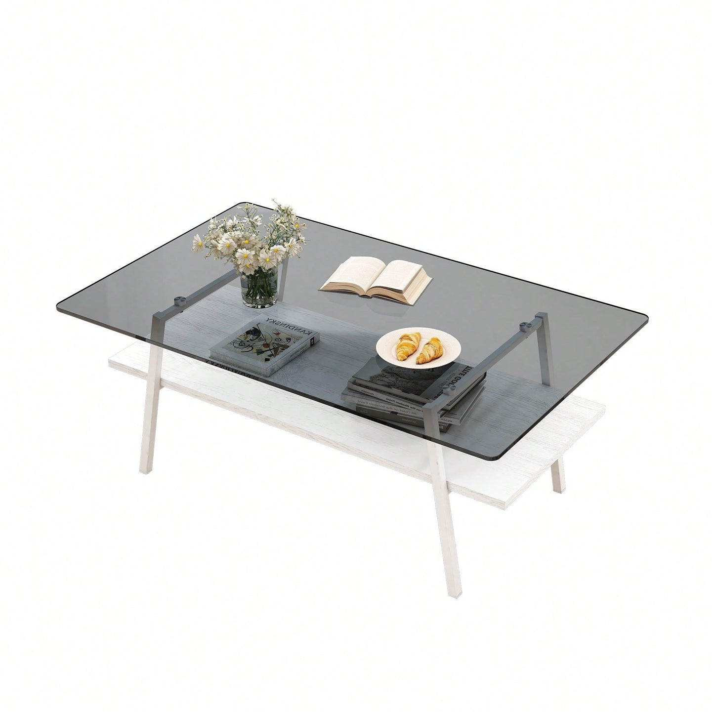 Rectangle Coffee Table, Tempered Glass Tabletop With  Metal Legs, Modern Table For Living Room