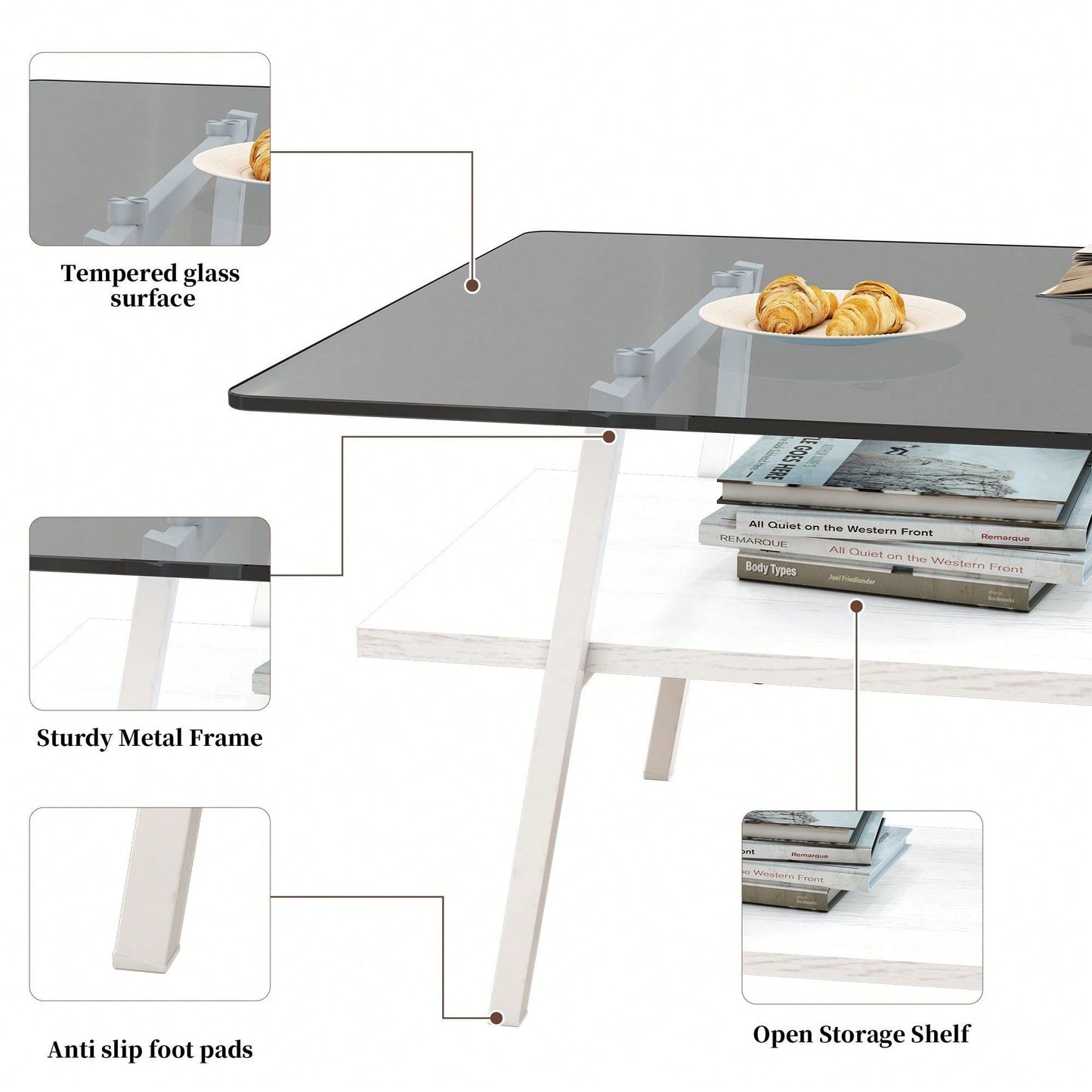 Rectangle Coffee Table, Tempered Glass Tabletop With  Metal Legs, Modern Table For Living Room