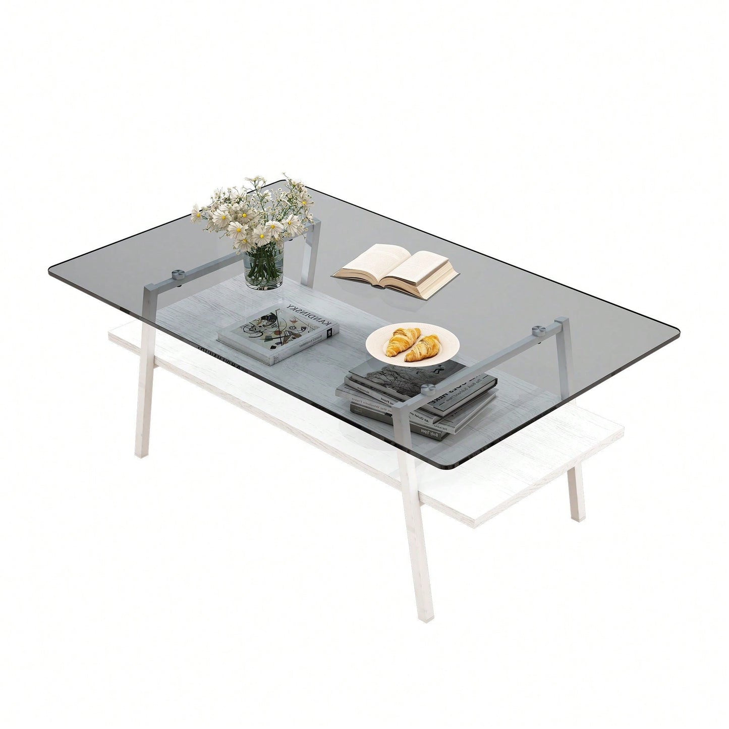 Rectangle Coffee Table, Tempered Glass Tabletop With  Metal Legs, Modern Table For Living Room
