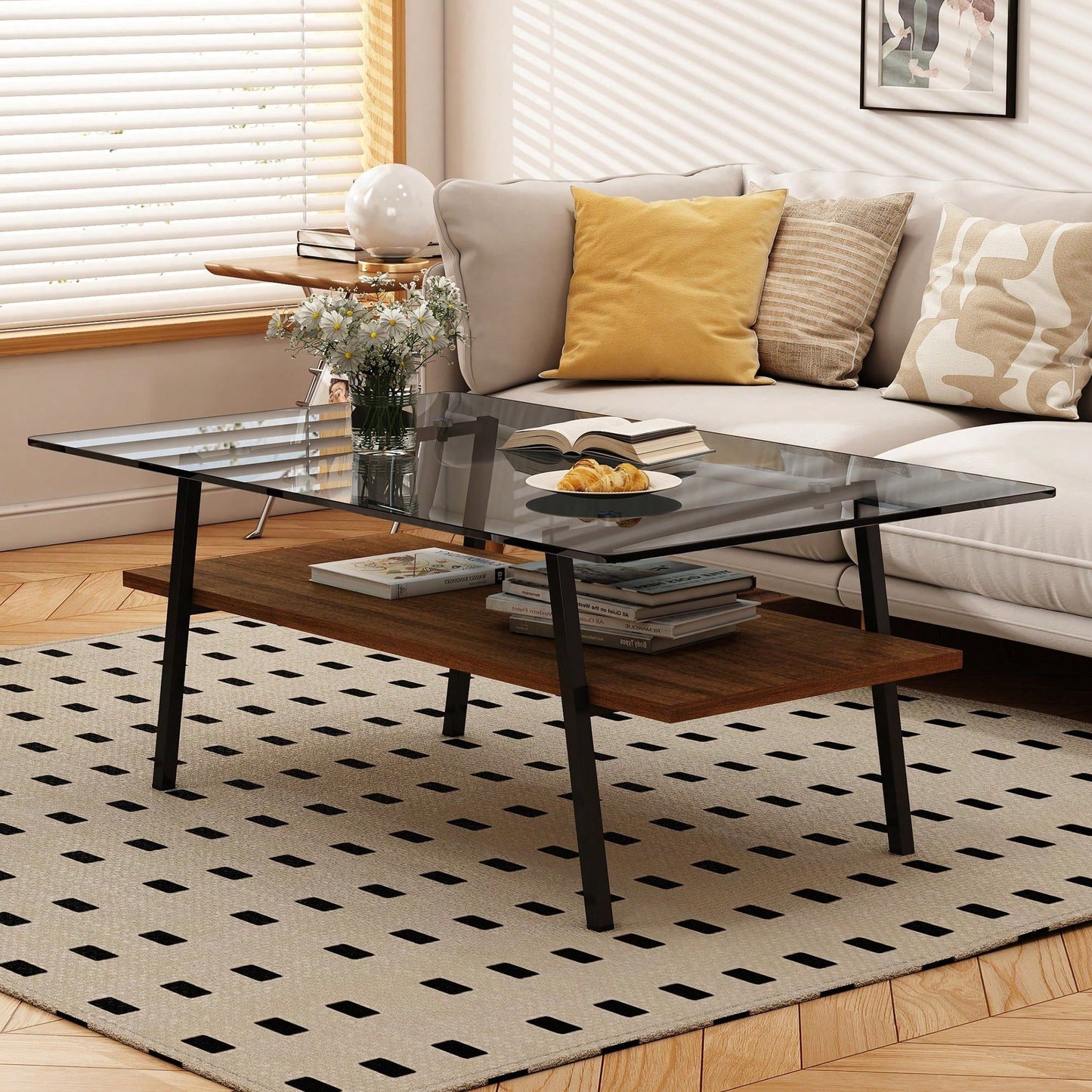 Rectangle Coffee Table, Tempered Glass Tabletop With  Metal Legs, Modern Table For Living Room