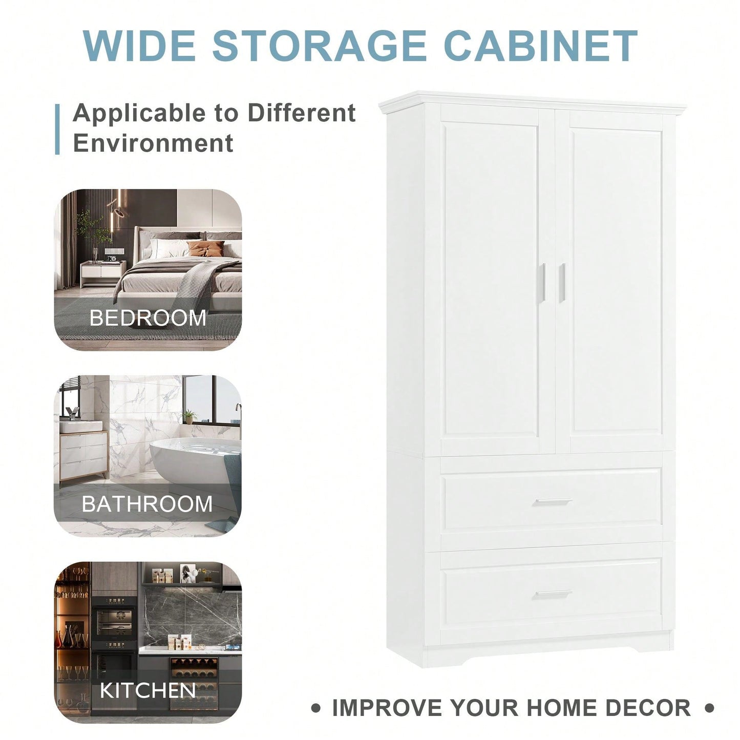 Tall Bathroom Storage Cabinet, Cabinet With Two Doors And Drawers, Adjustable Shelf, MDF Board, White