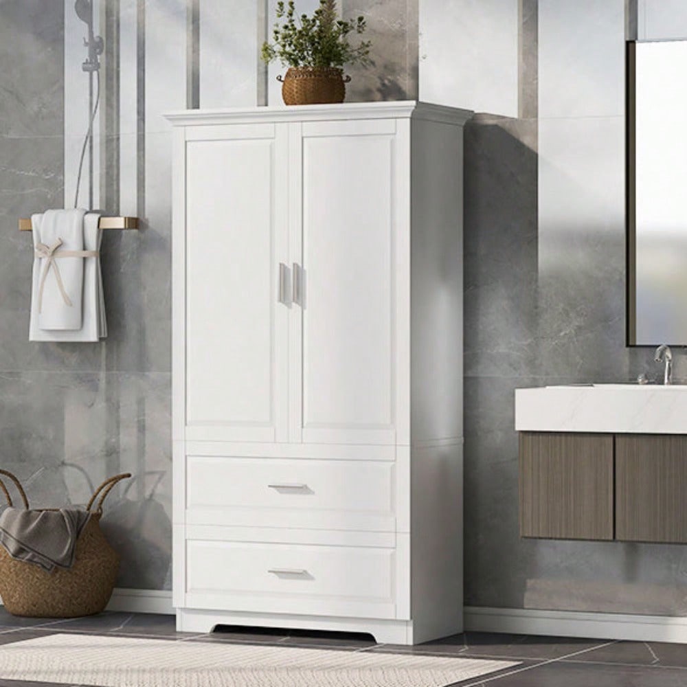 Tall Bathroom Storage Cabinet, Cabinet With Two Doors And Drawers, Adjustable Shelf, MDF Board, White