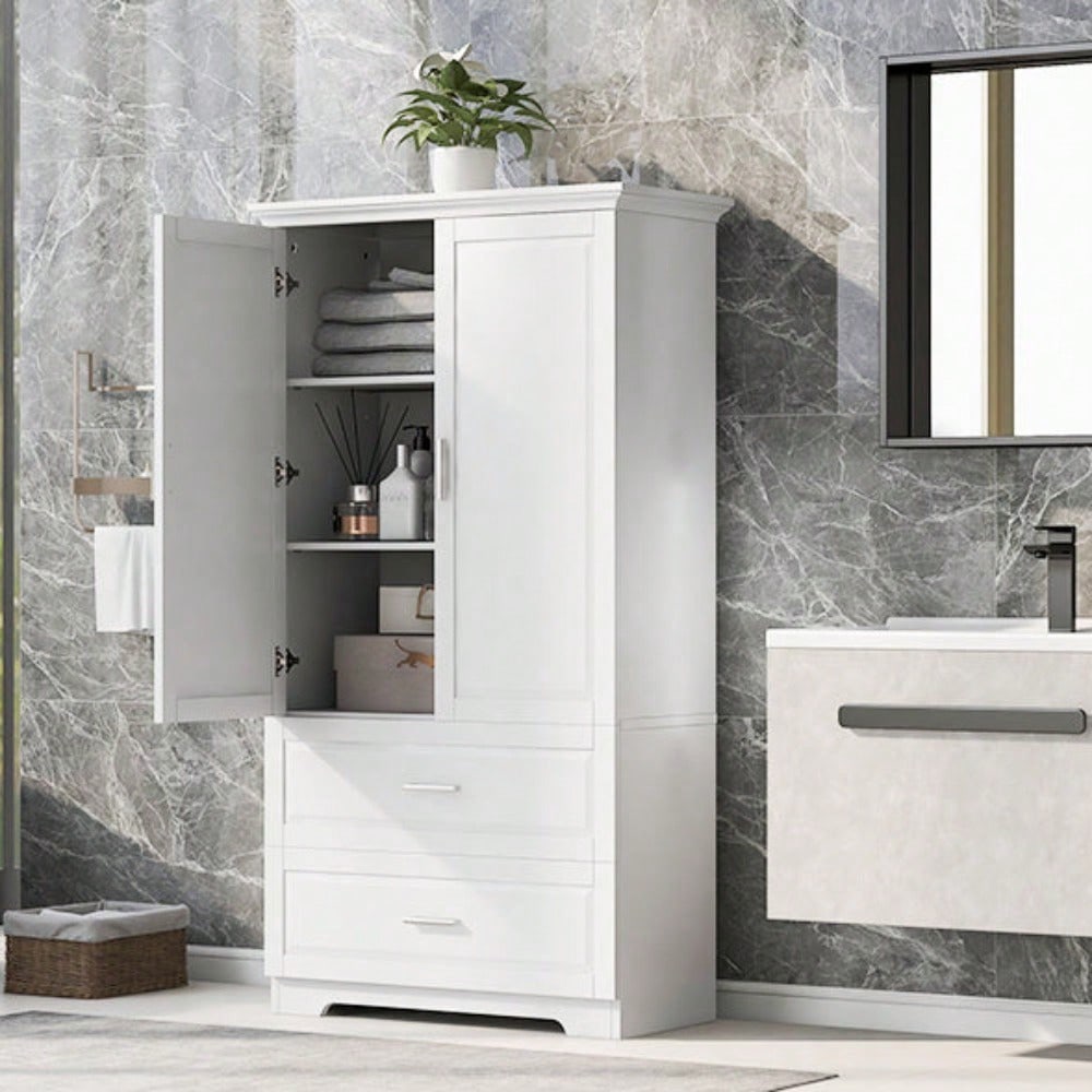Tall Bathroom Storage Cabinet, Cabinet With Two Doors And Drawers, Adjustable Shelf, MDF Board, White