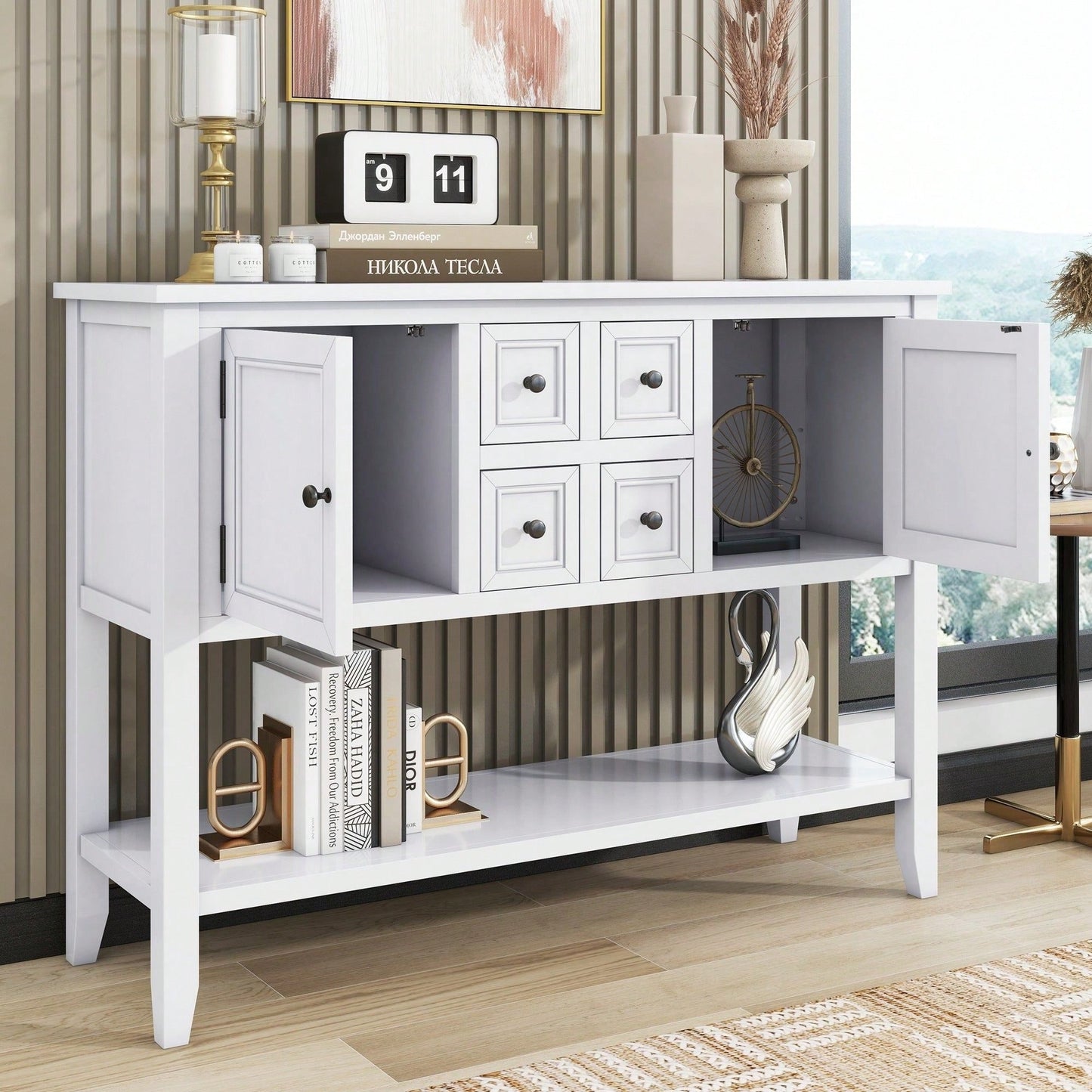 Ample Storage Vintage Console Table With Four Small Drawers And Bottom Shelf For Living Rooms, Entrances And Kitchens